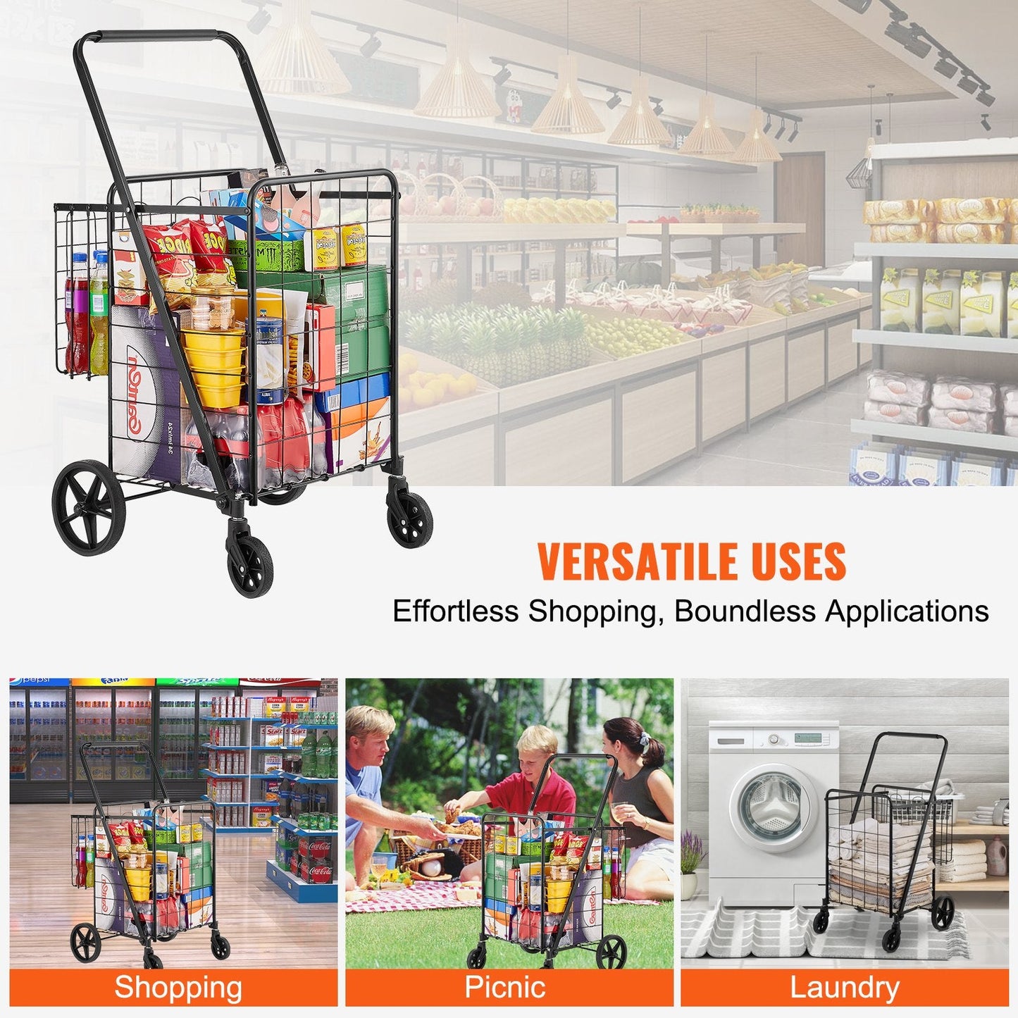 Folding Utility Cart with Double Baskets, 50 kg Capacity, 360° Swivel Wheels