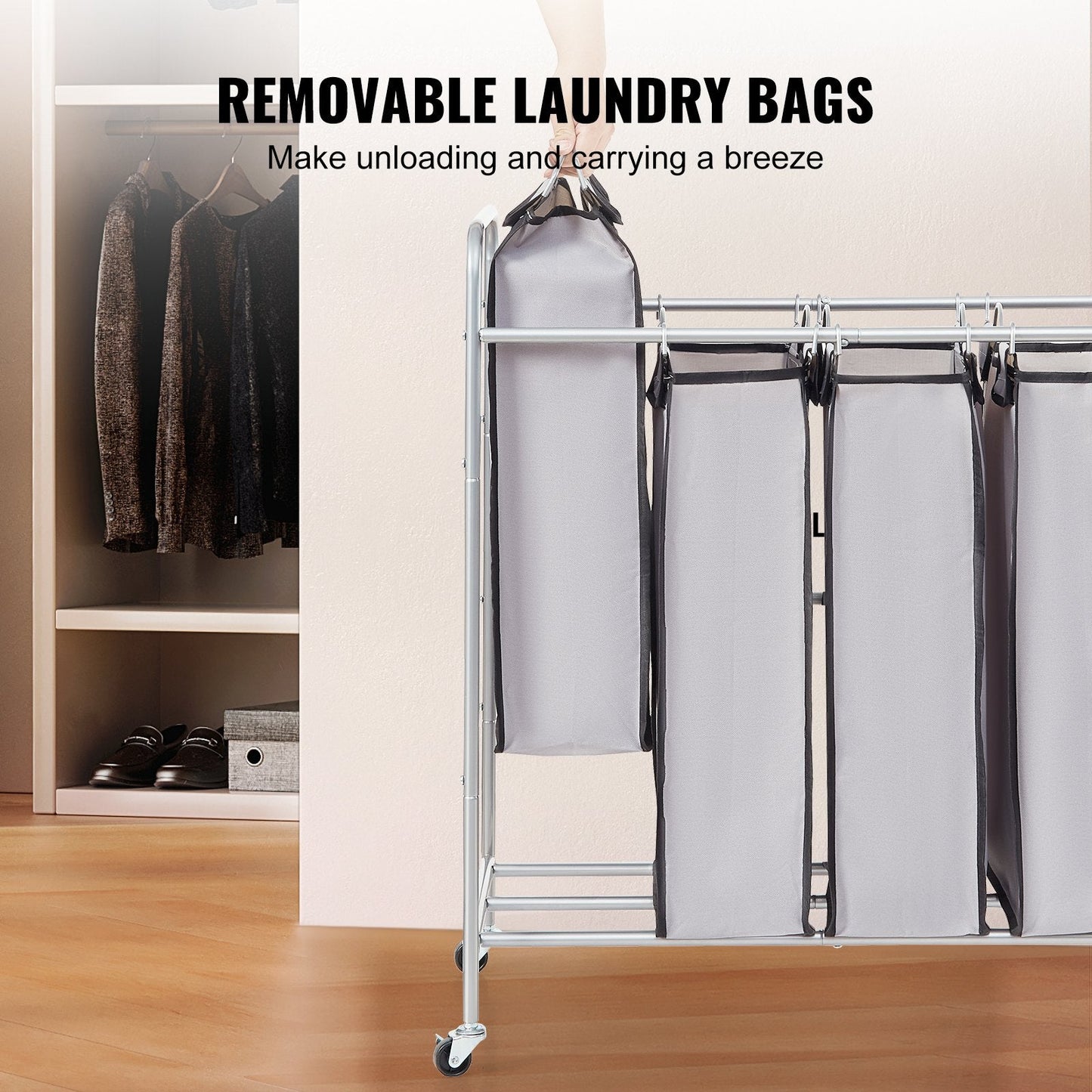 4-Section Laundry Cart with Lockable Wheels and Removable Bags, 0.76x0.41x0.87m