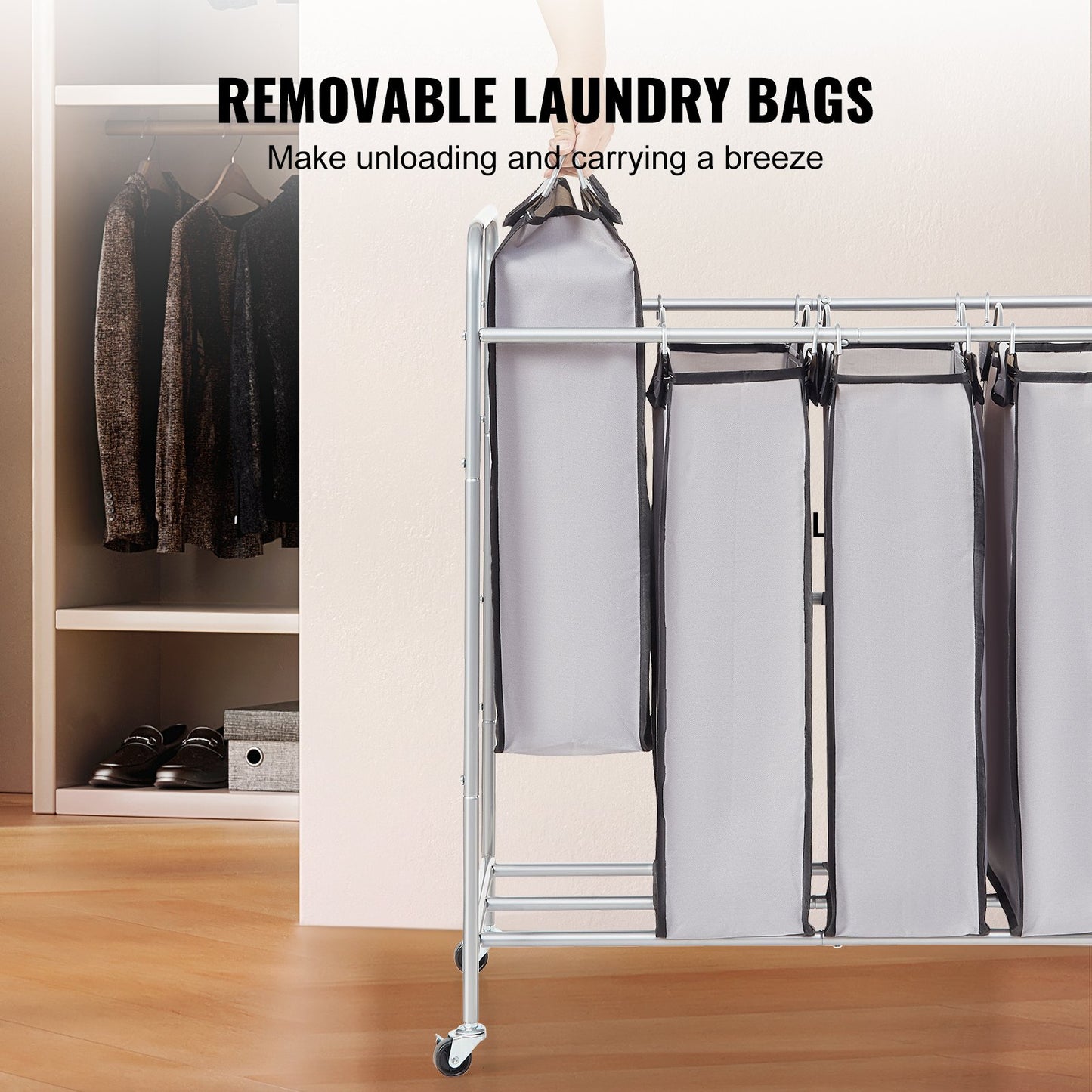 VEVOR Laundry Sorter Cart 4 Section, Laundry Hamper with Heavy Duty Lockable Wheels
