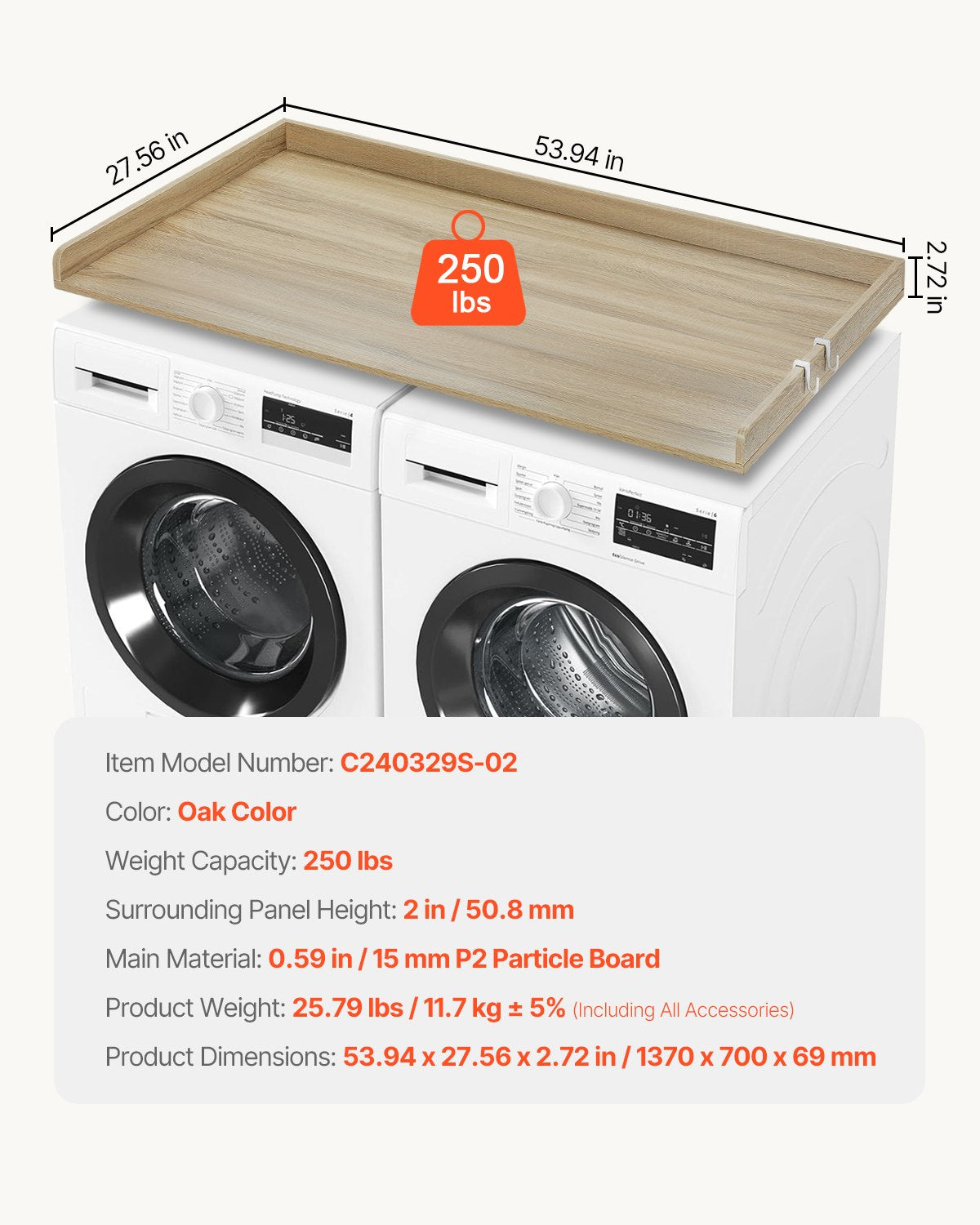VEVOR Washer Dryer Countertop 54" x 27" Wooden Washer and Dryer Topper Oak