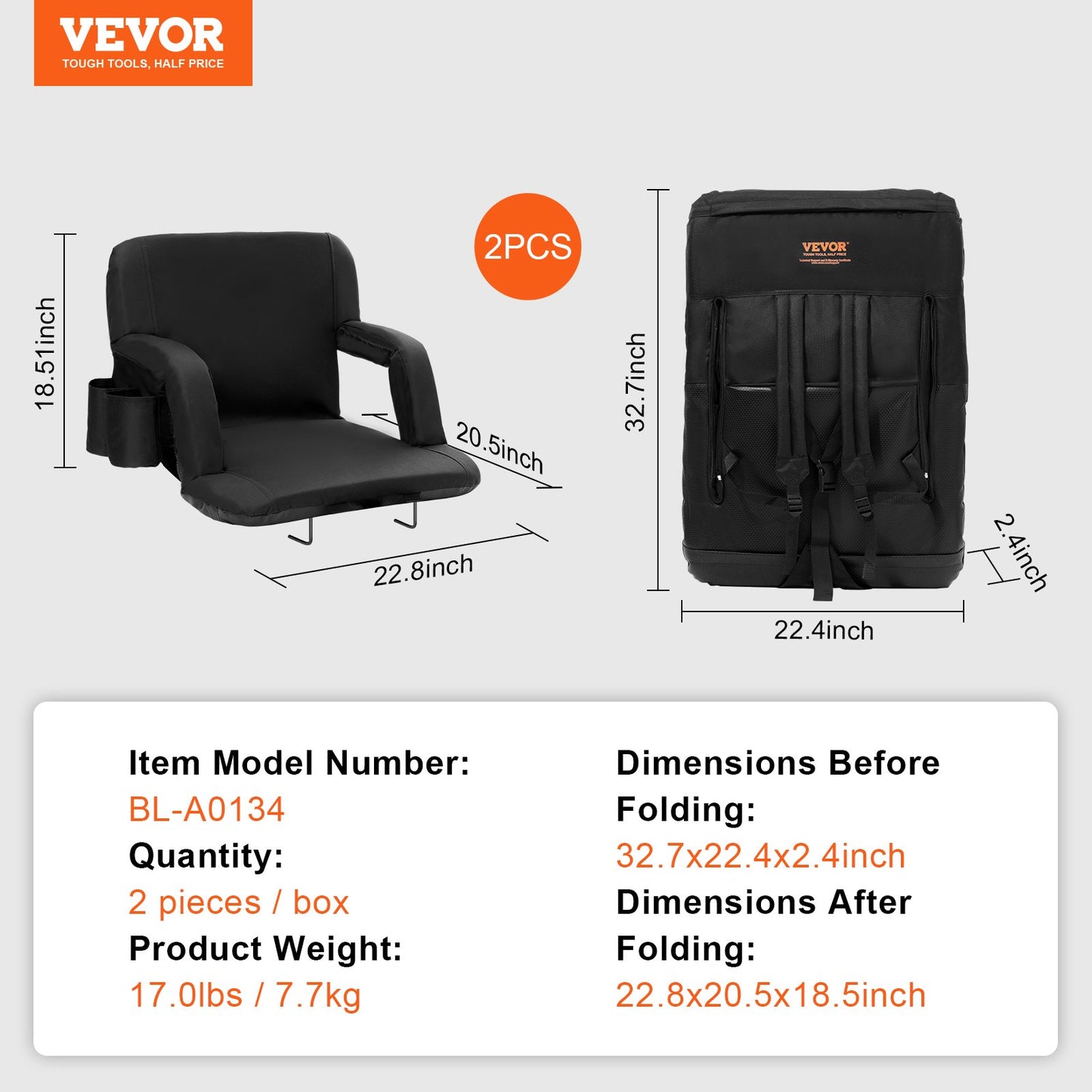 VEVOR Stadium Seat with Back Support, Wide Bleacher Seat Backs, Folding Padded Cushion