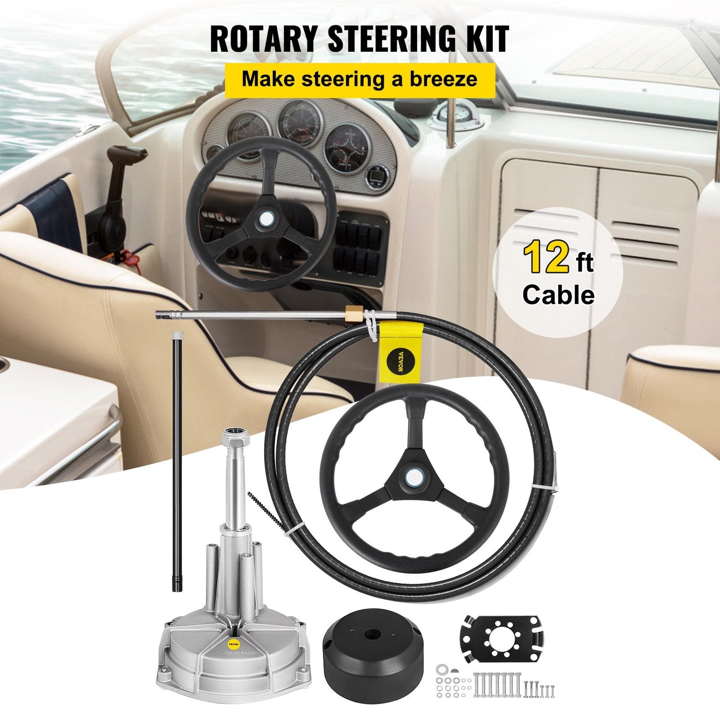 Mechanical Boat Steering Kit with 3.36 m Cable and 0.34 m Wheel