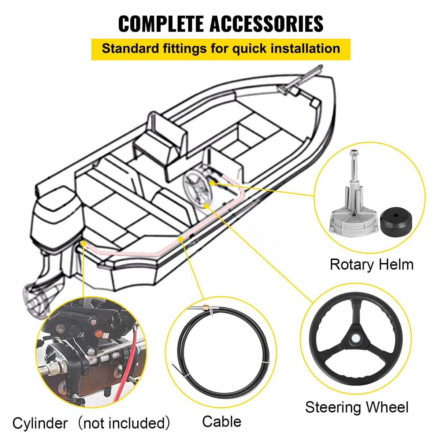 Mechanical Boat Steering Kit with 3.36 m Cable and 0.34 m Wheel