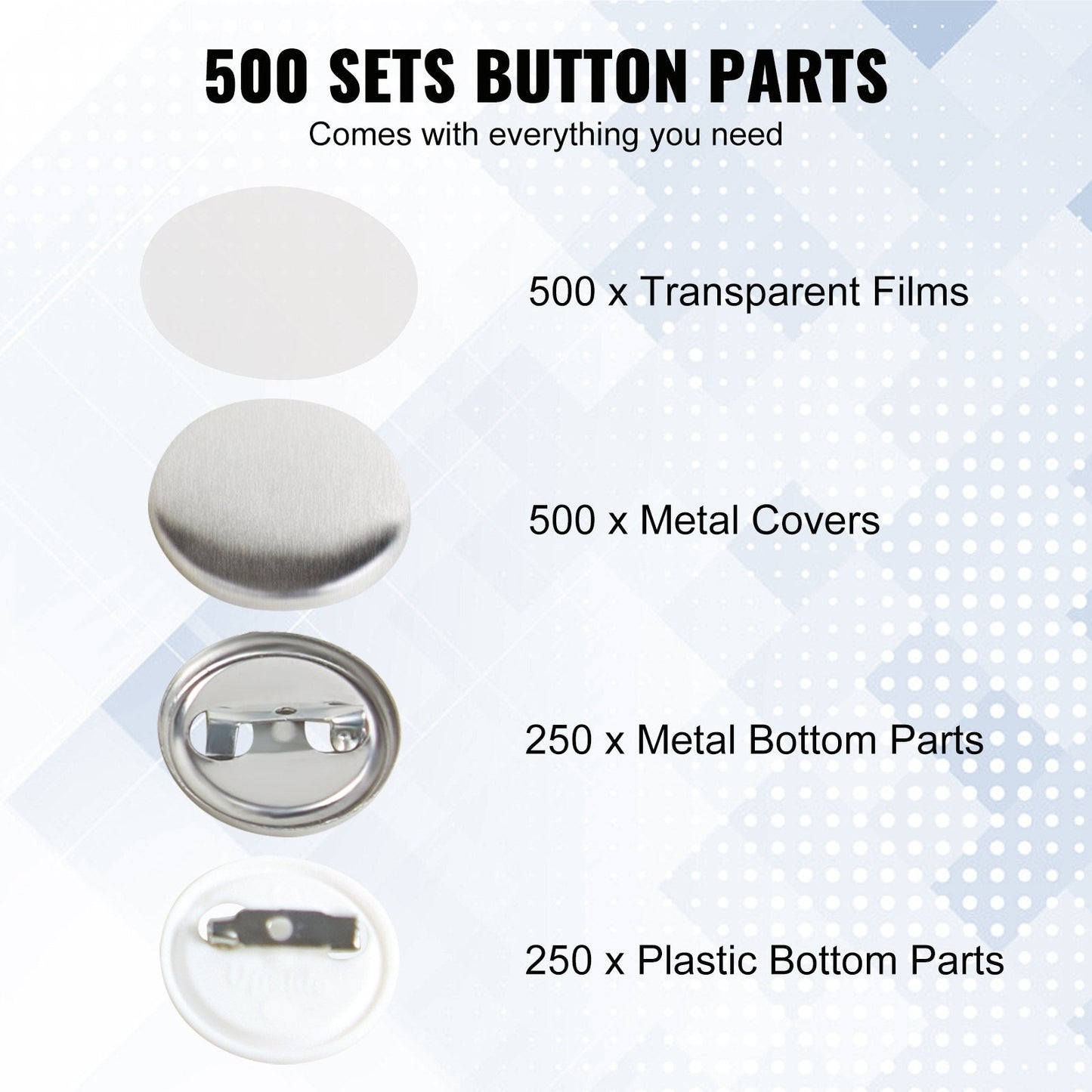 1 Meter Button Badge Parts for Maker Machine - 500 Sets, Metal & Plastic