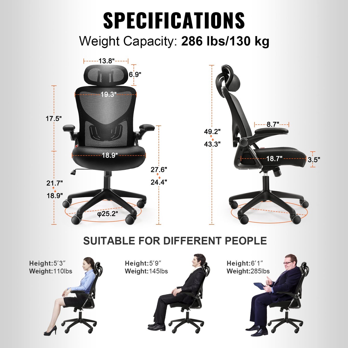 VEVOR Office Chair with Adjustable Lumbar Support, High Back Ergonomic Desk Chair