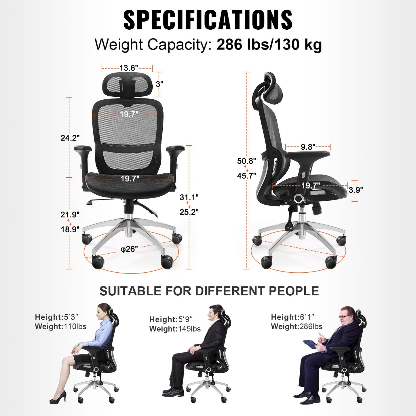 VEVOR Mesh Office Chair, Adjustable High Back Desk Chair with Mesh Seat, Angle and