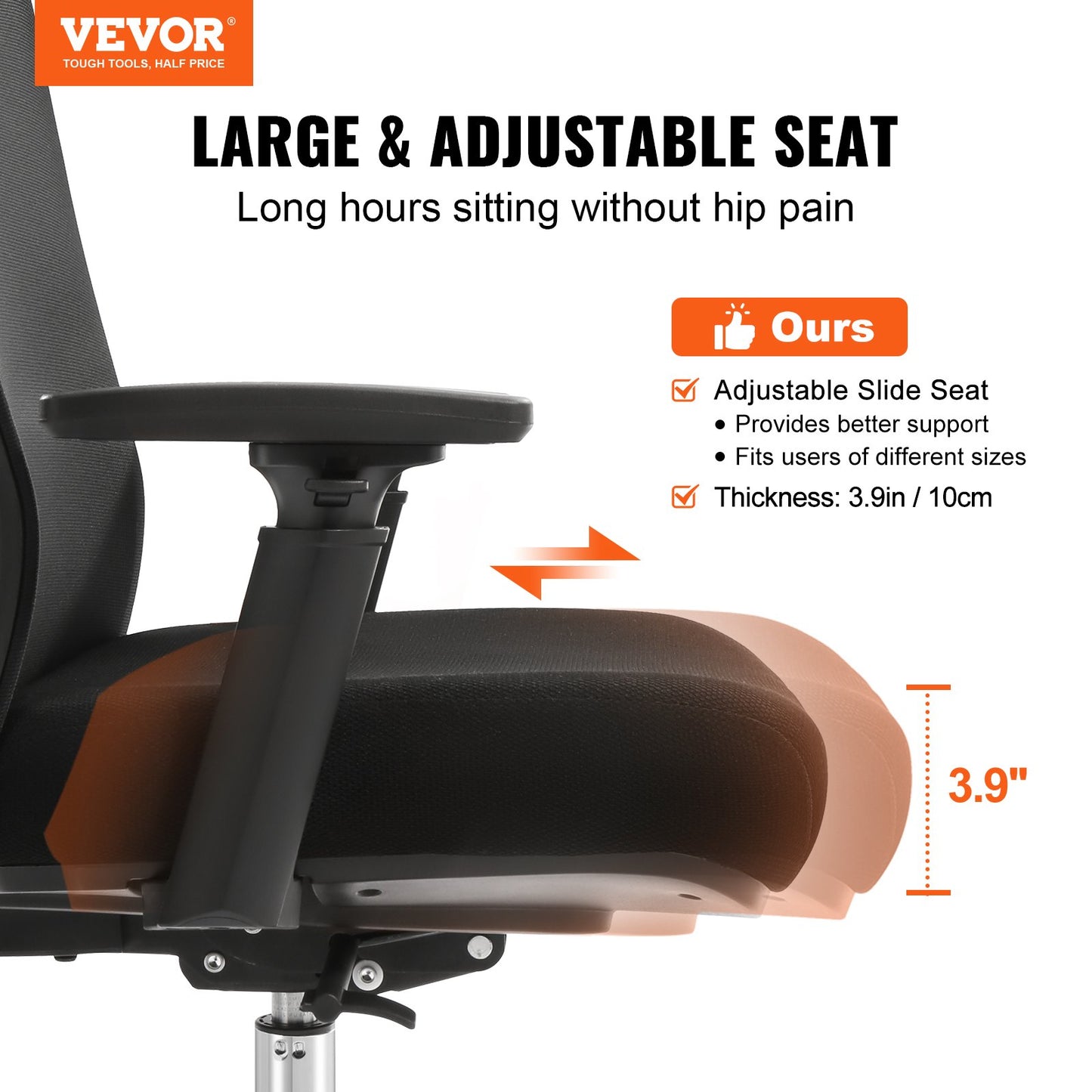 VEVOR Ergonomic Office Chair with Slide Seat, Desk Chair with Mesh Seat, Angle and