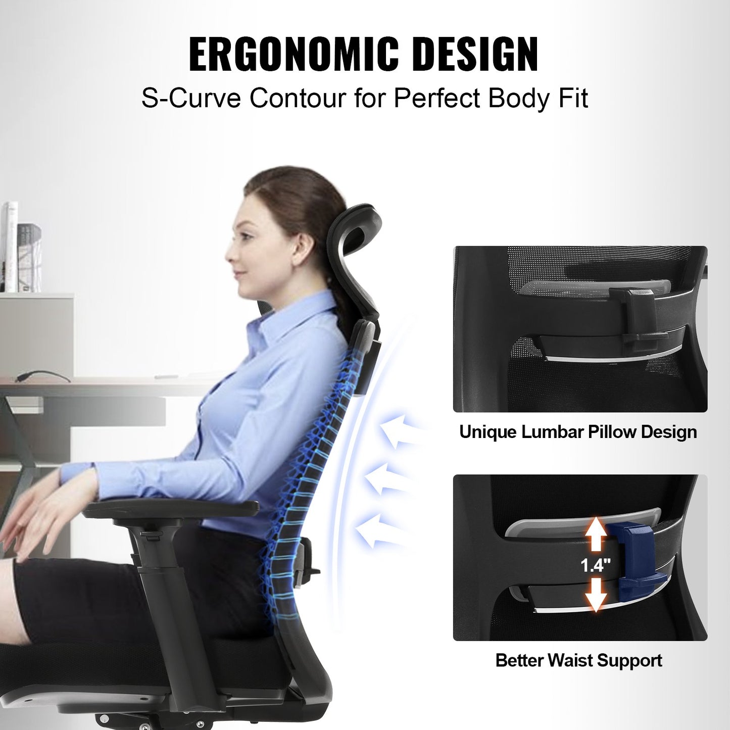 VEVOR Ergonomic Office Chair with Slide Seat, Desk Chair with Mesh Seat, Angle and
