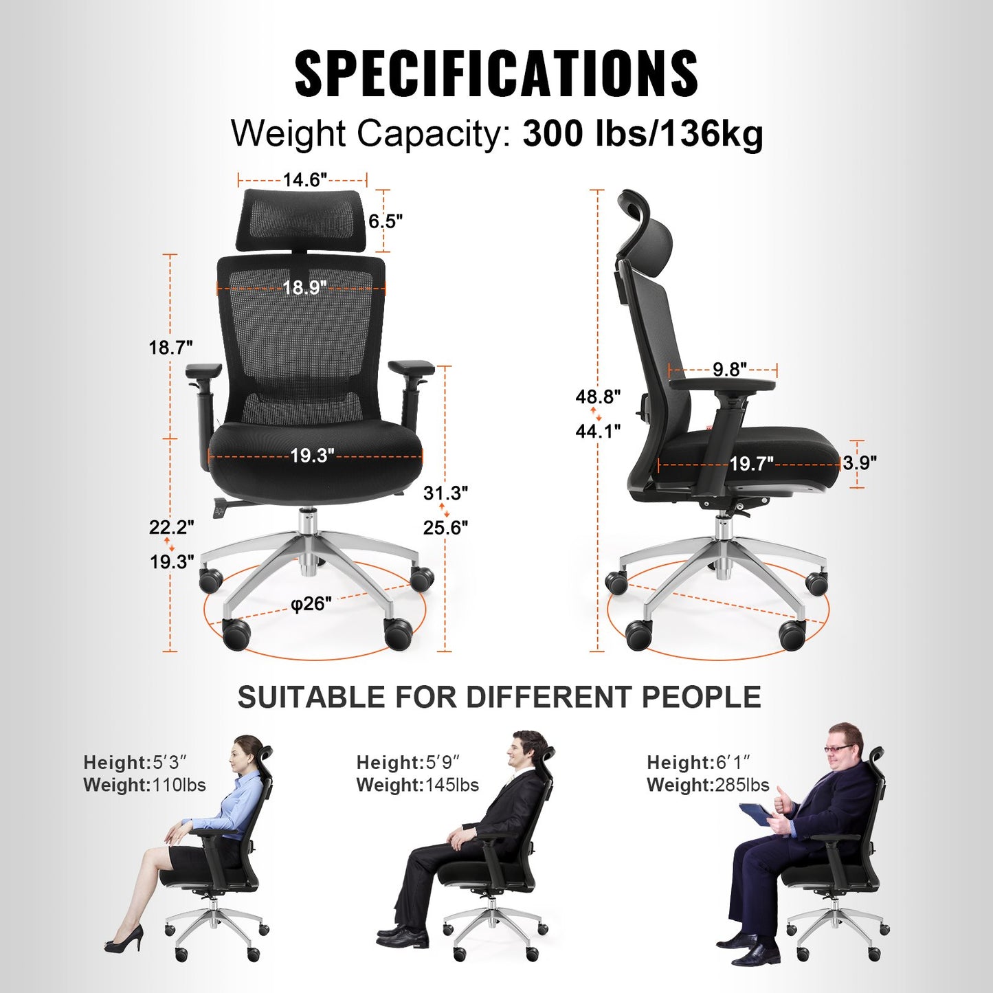 VEVOR Ergonomic Office Chair with Slide Seat, Desk Chair with Mesh Seat, Angle and