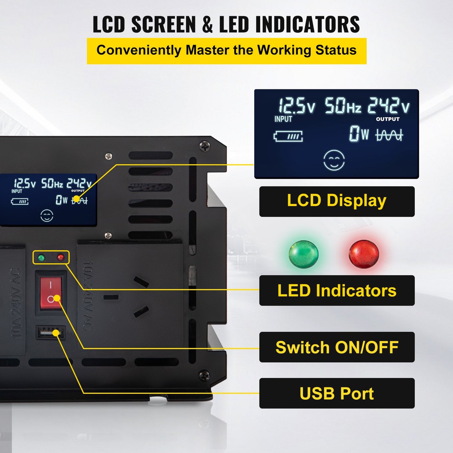 VEVOR Power Inverter Modified Sine Wave Inverter 3000W DC 12V to AC 240V w/LCD