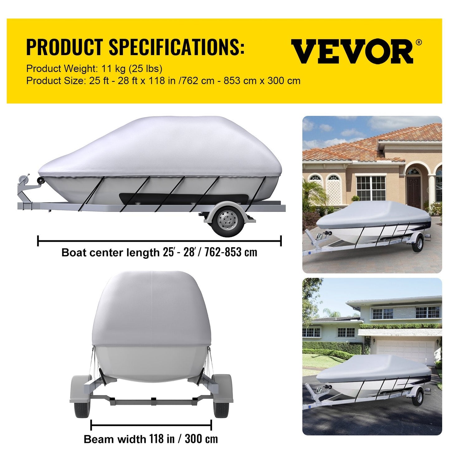 Waterproof Heavy Duty Boat Cover for 7.6-8.5m V-Hull Runabout Boats