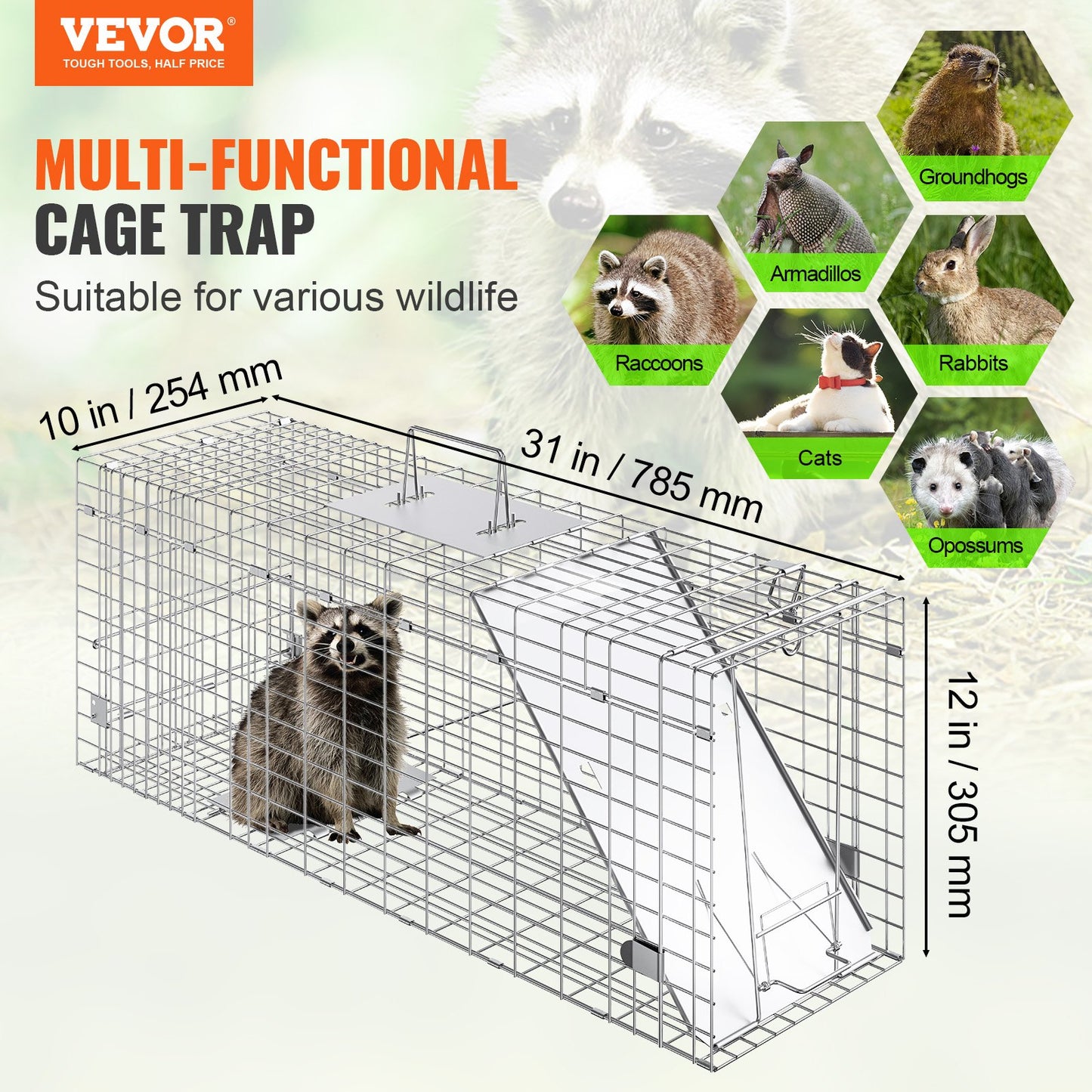 VEVOR Live Animal Cage Trap, 31" x 10" x 12" Humane Cat Trap Galvanized Iron, Folding