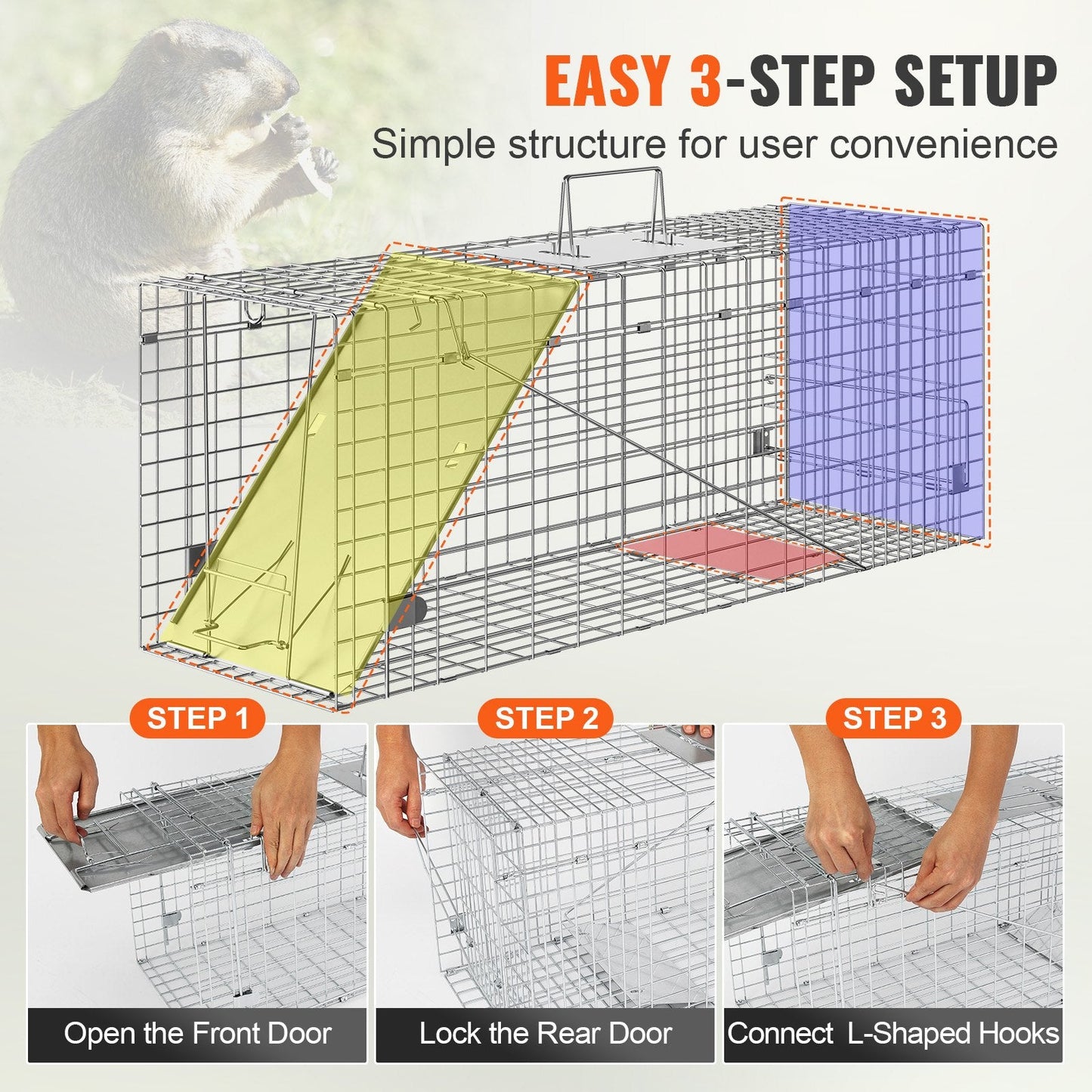 Folding Humane Animal Cage Trap, 0.79m x 0.25m x 0.30m Galvanized Iron