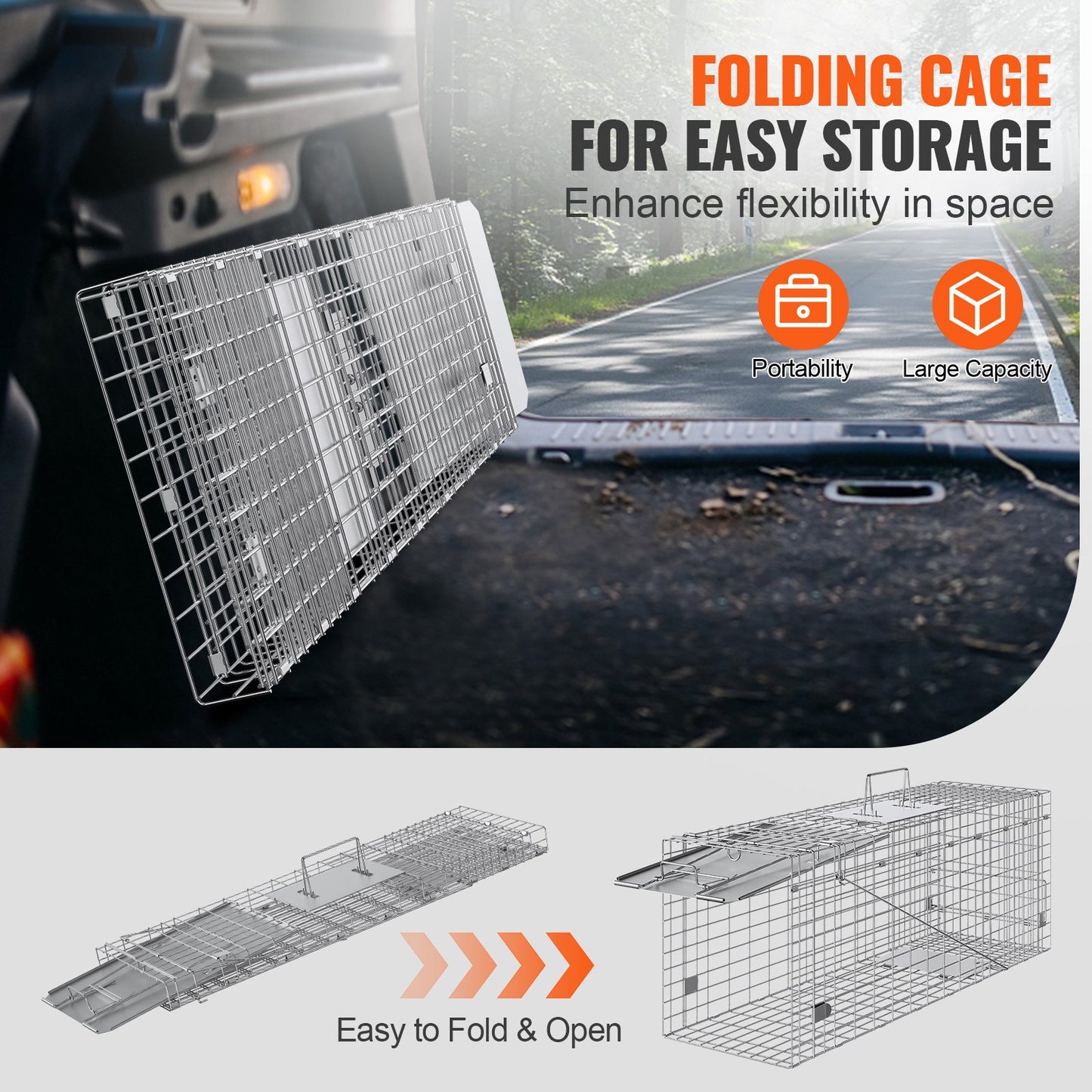 VEVOR Live Animal Cage Trap, 31" x 10" x 12" Humane Cat Trap Galvanized Iron, Folding