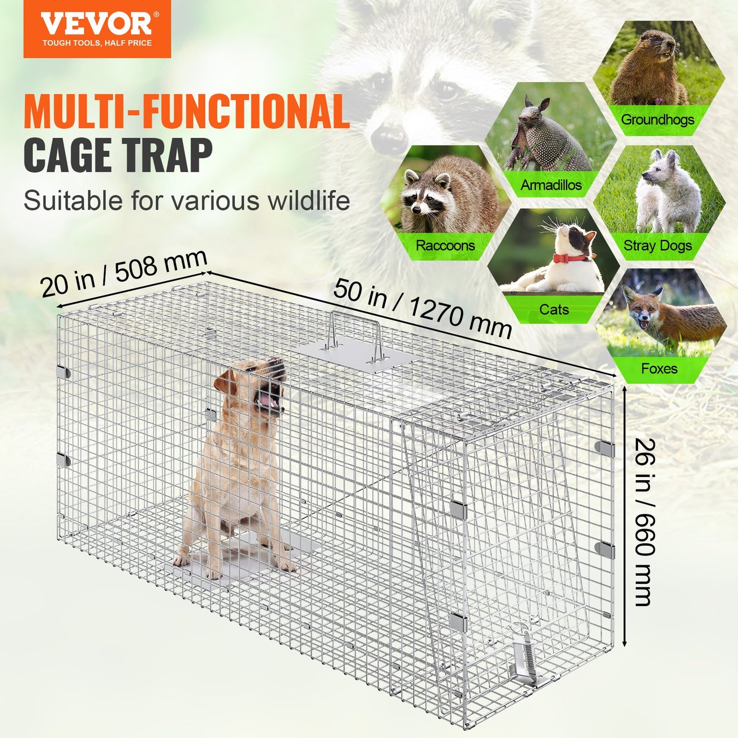 VEVOR Live Animal Cage Trap, 50" x 20" x 26" Humane Cat Trap Galvanized Iron, Folding