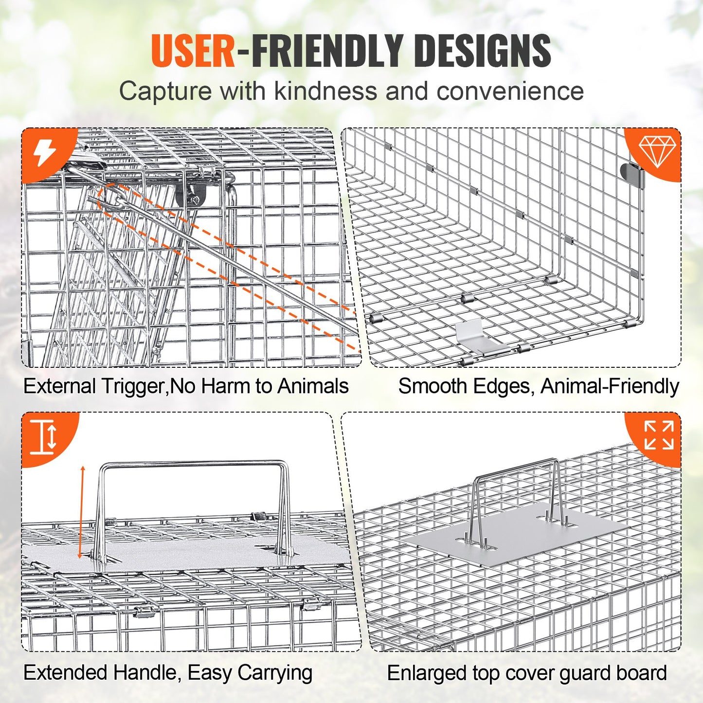 VEVOR Live Animal Cage Trap, 50" x 20" x 26" Humane Cat Trap Galvanized Iron, Folding