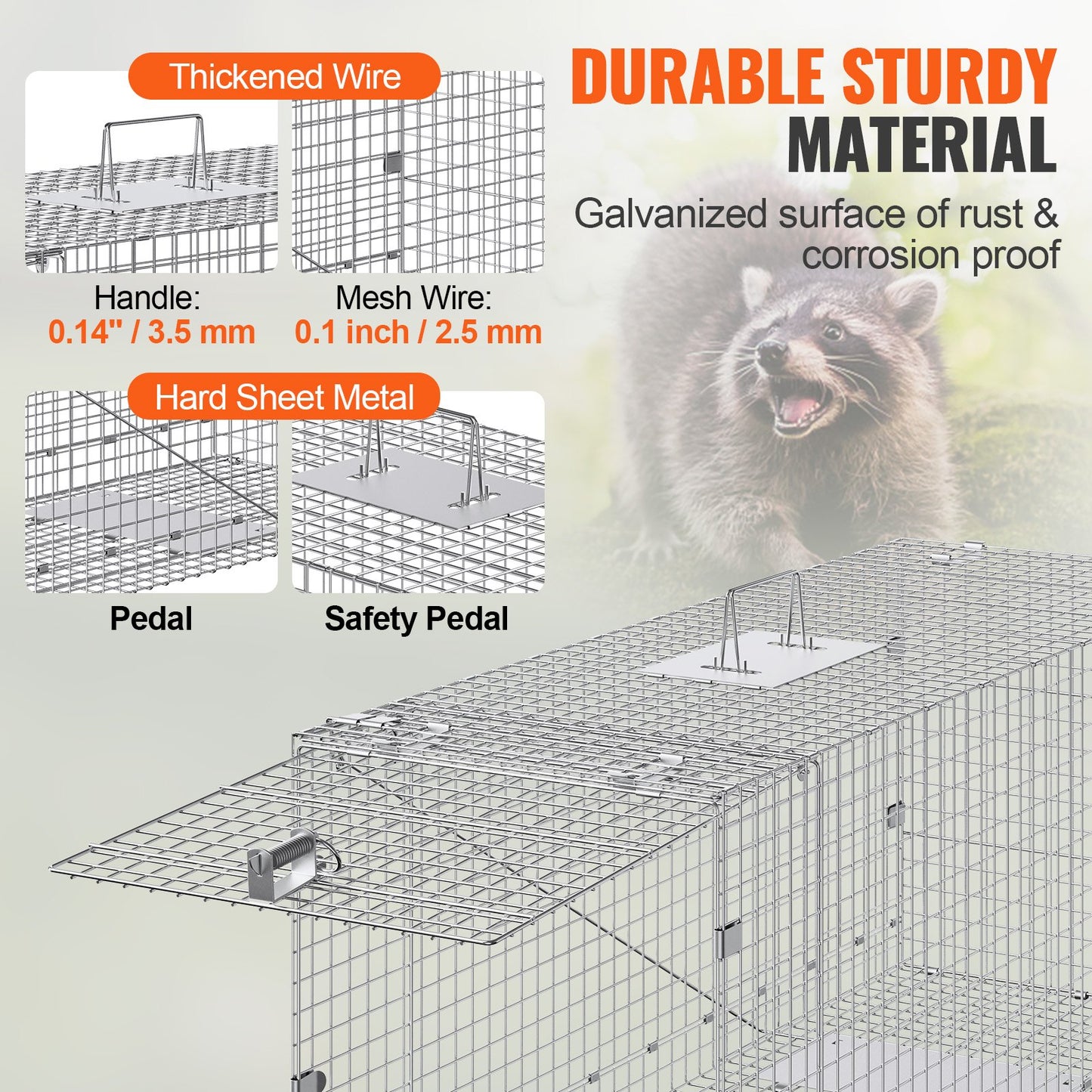 VEVOR Live Animal Cage Trap, 50" x 20" x 26" Humane Cat Trap Galvanized Iron, Folding