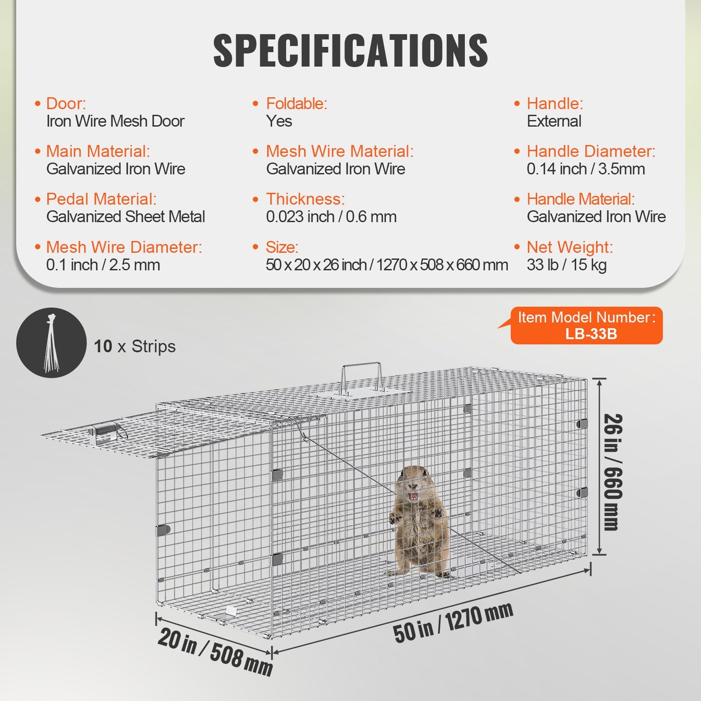 VEVOR Live Animal Cage Trap, 50" x 20" x 26" Humane Cat Trap Galvanized Iron, Folding
