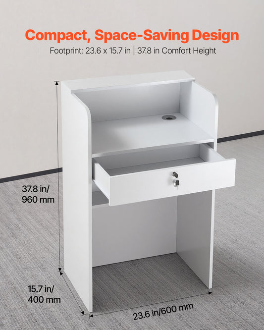 Reception Desk, 60 cm Rectangular Front Counter Table, Modern Office Reception Desk with Drawer, Small Minimalist Retail Counter Table for Checkout, Lobby, Beauty Salon and Office, White