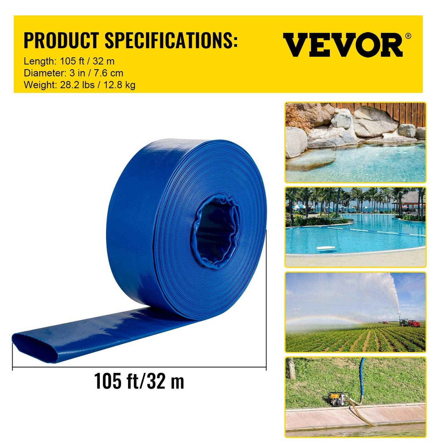 VEVOR Discharge Hose, 76 mm x 32 m', PVC Lay Flat Hose, Heavy Duty Backwash Drain