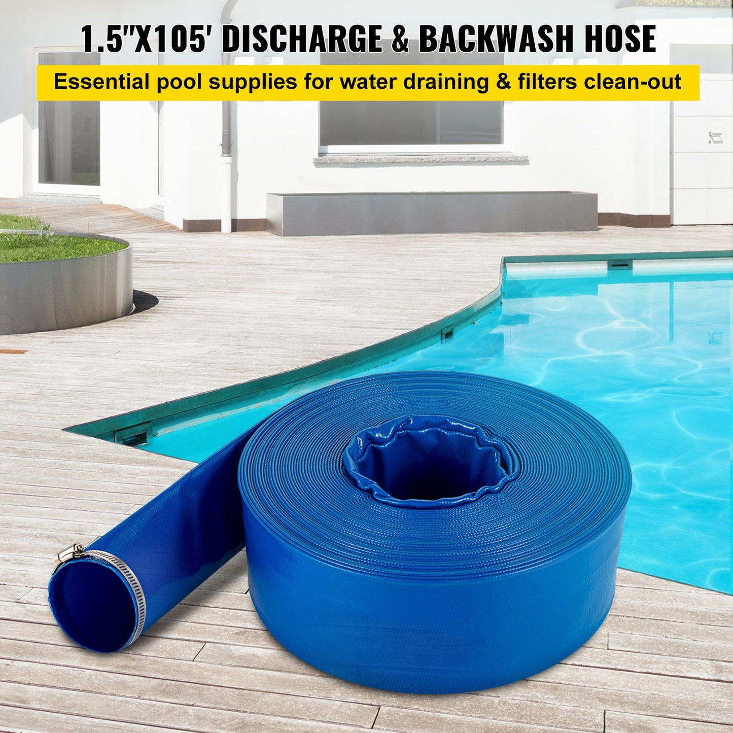 VEVOR Discharge Hose, 38 mm x 32 m, PVC Fabric Lay Flat Hose, Heavy Duty Backwash