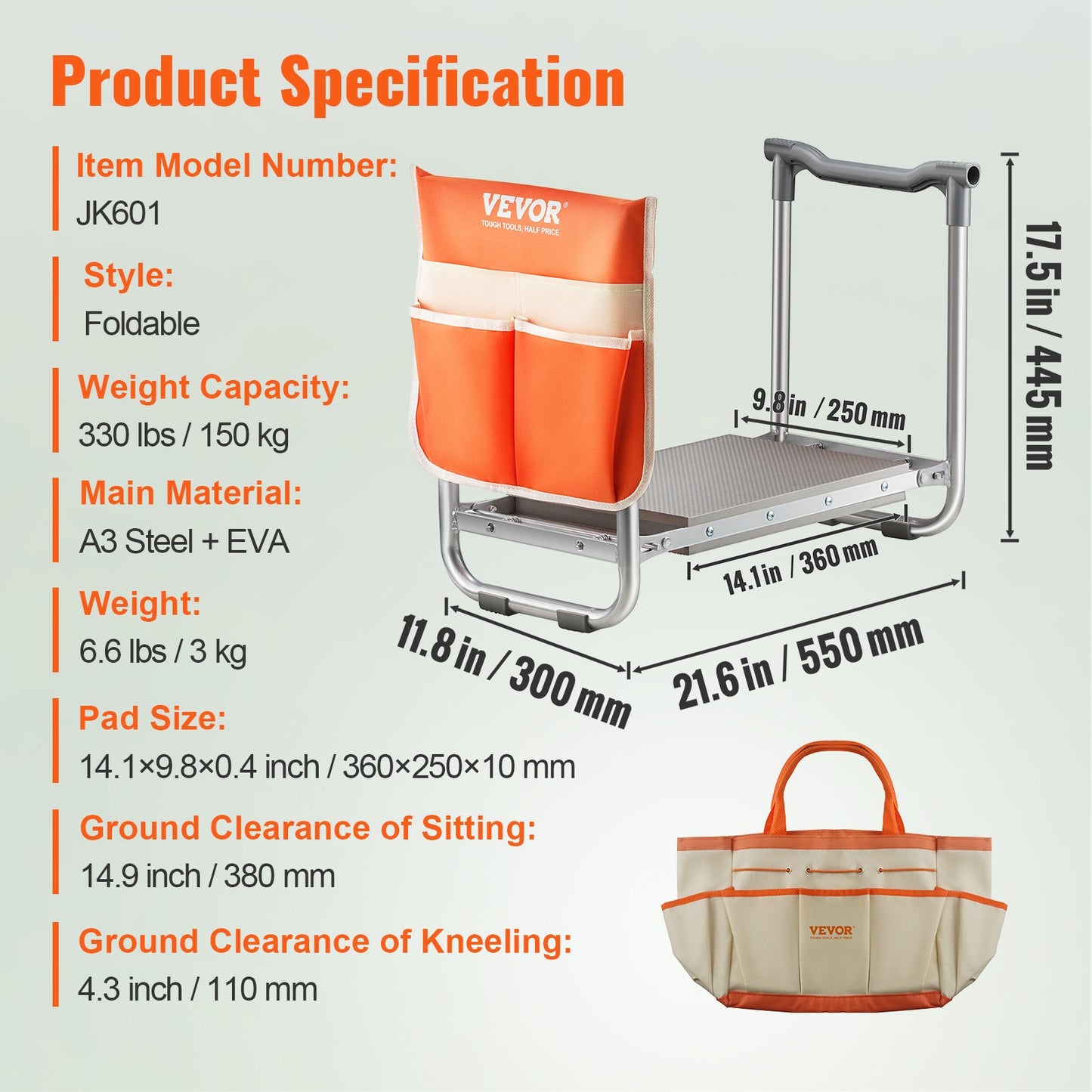 VEVOR Garden Kneeler and Seat, 10" EVA Wide Pad, 330 lbs Load Capacity Foldable