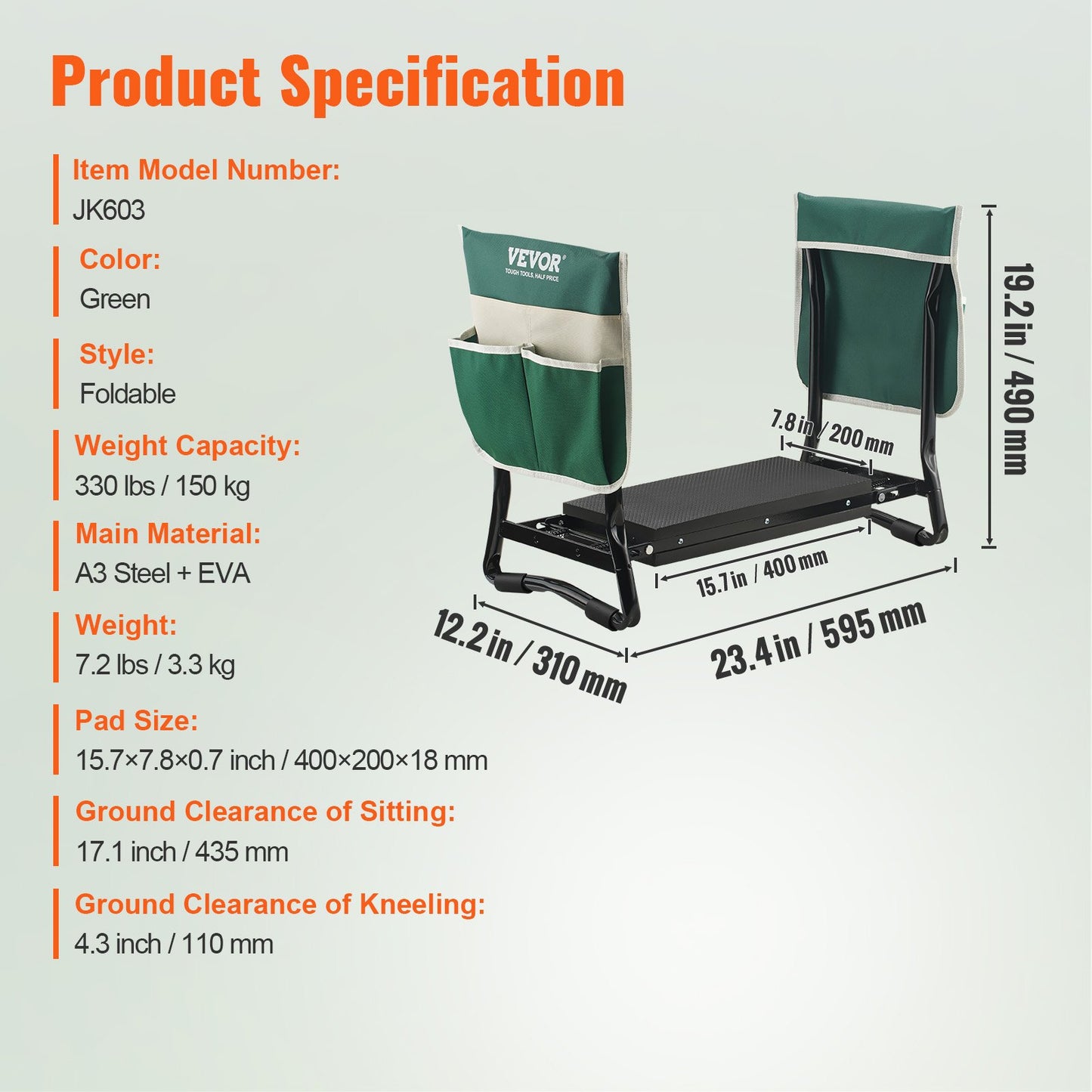 VEVOR Garden Kneeler and Seat, 330 lbs Load Capacity, 8" EVA Wide Pad, Foldable