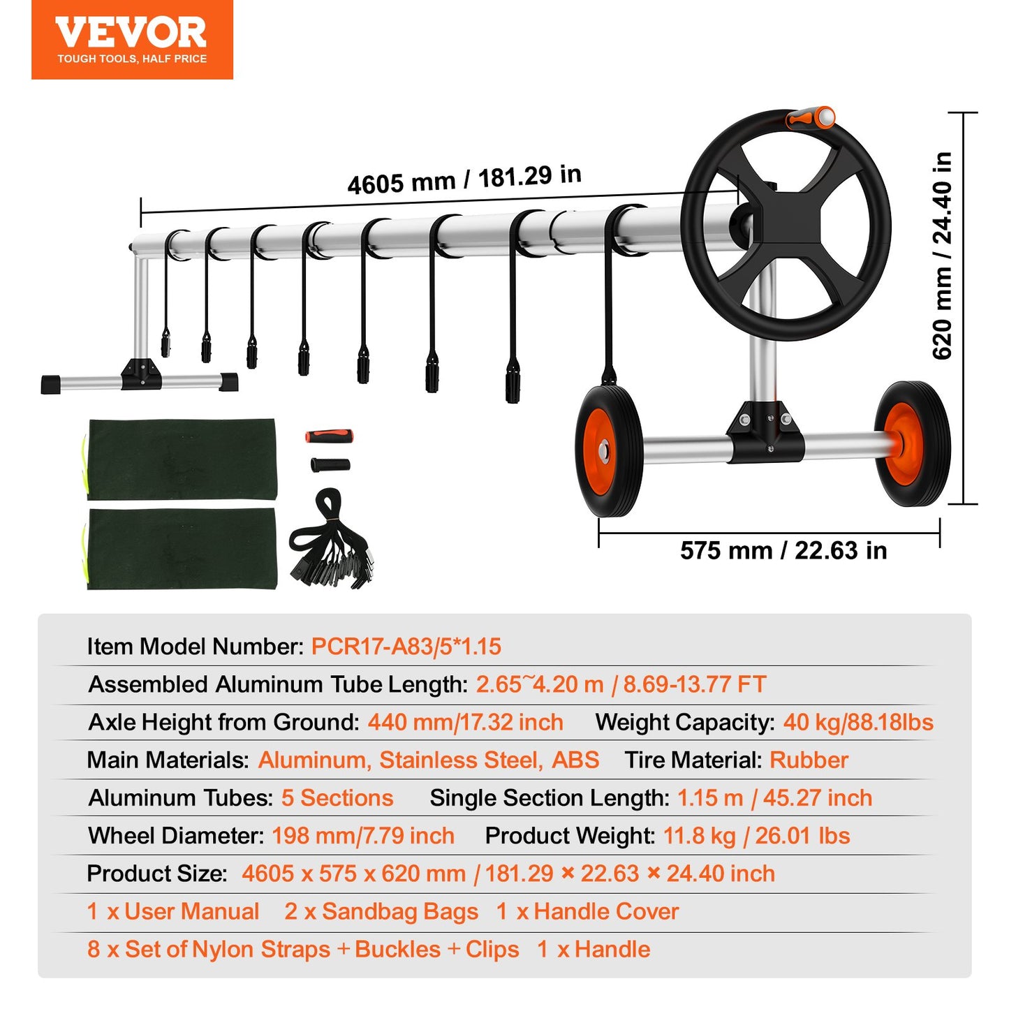 VEVOR Pool Cover Reel, Aluminum Solar Cover Reel 14 ft, Inground Swimming Pool Cover