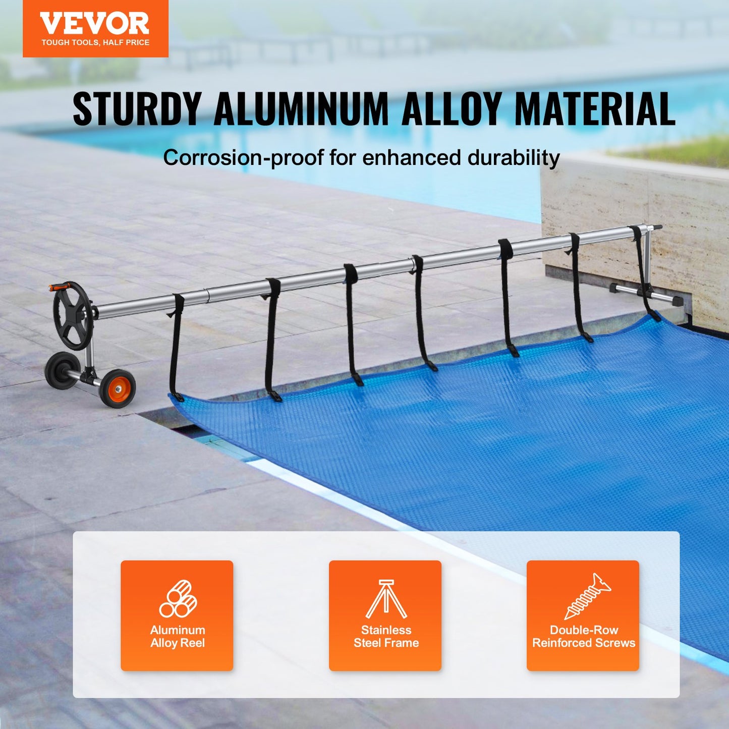 VEVOR Pool Cover Reel, Aluminum Solar Cover Reel 22 ft, Inground Swimming Pool Cover