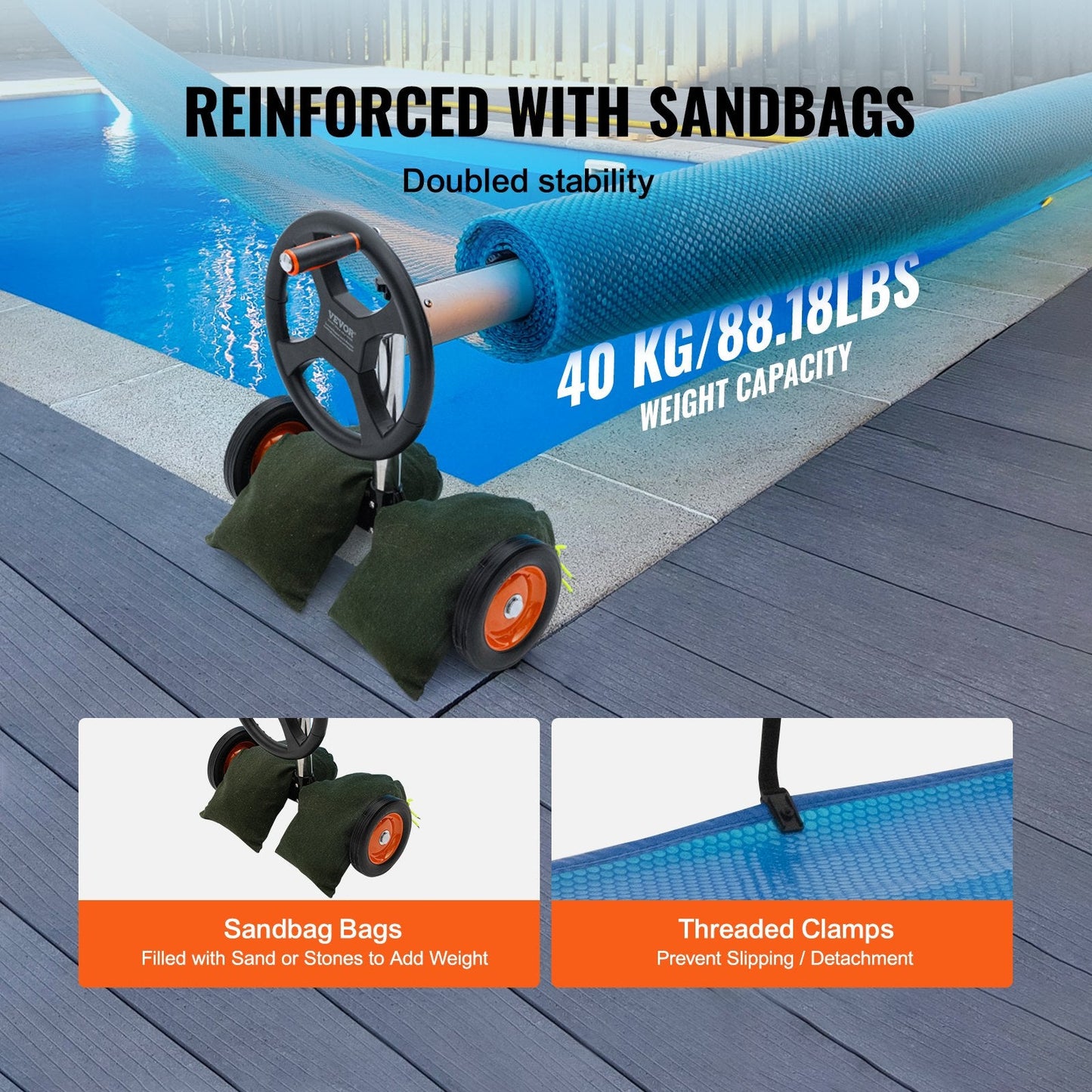 Aluminum Solar Pool Cover Reel, Fits 5-22m Pools, Easy Install, Rubber Wheels
