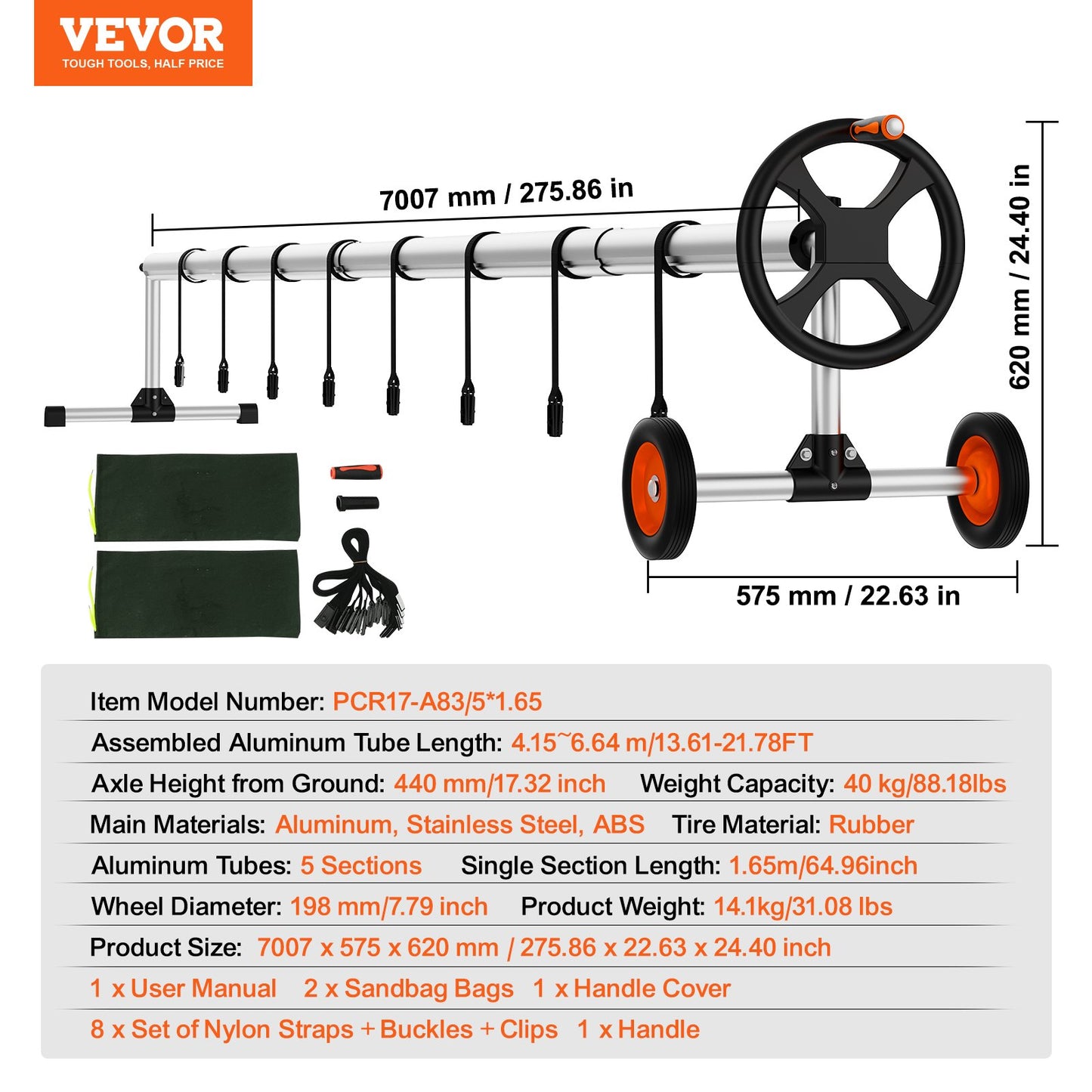 VEVOR Pool Cover Reel, Aluminum Solar Cover Reel 22 ft, Inground Swimming Pool Cover
