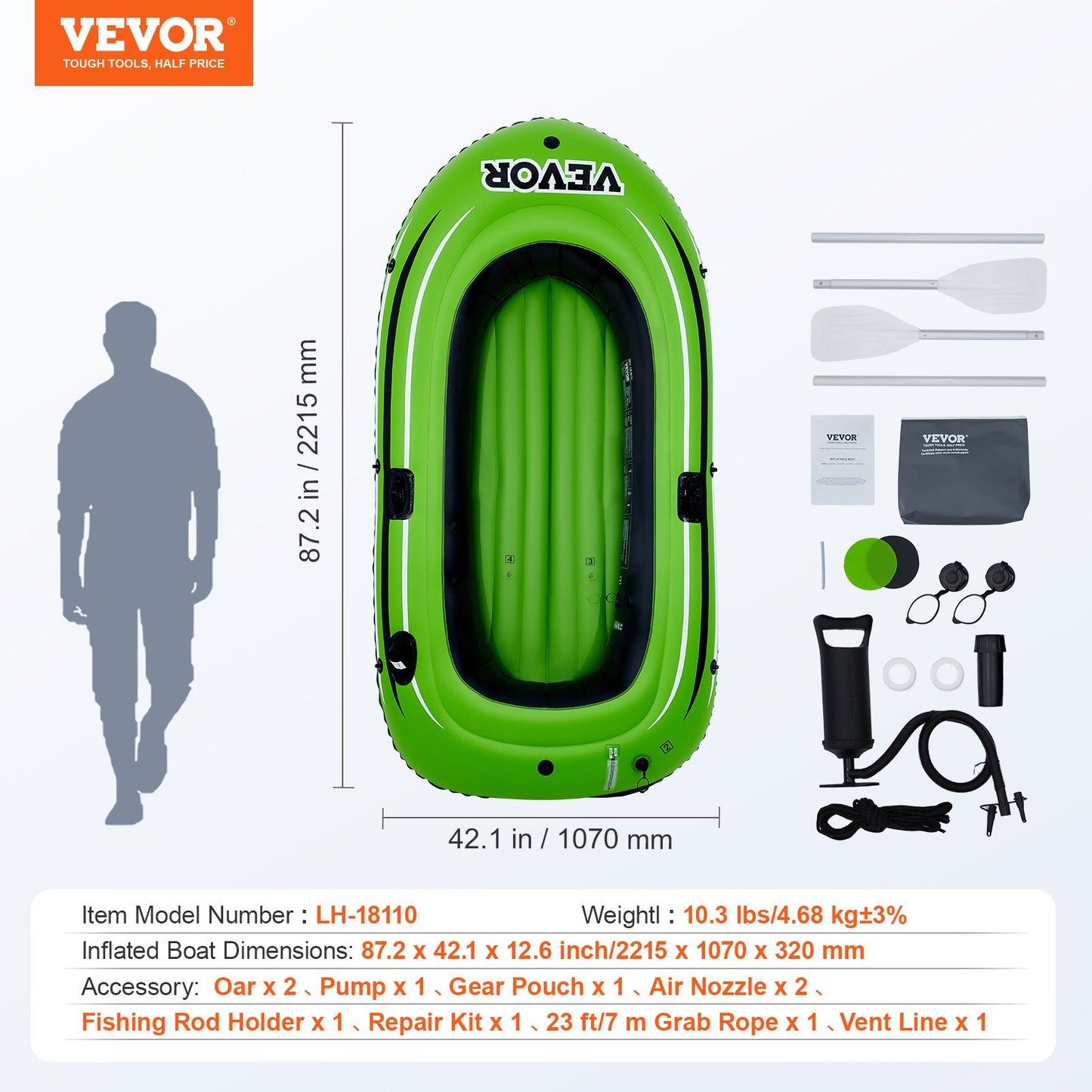 VEVOR Inflatable Boat, 2-Person Inflatable Fishing Boat, Strong PVC Portable Boat
