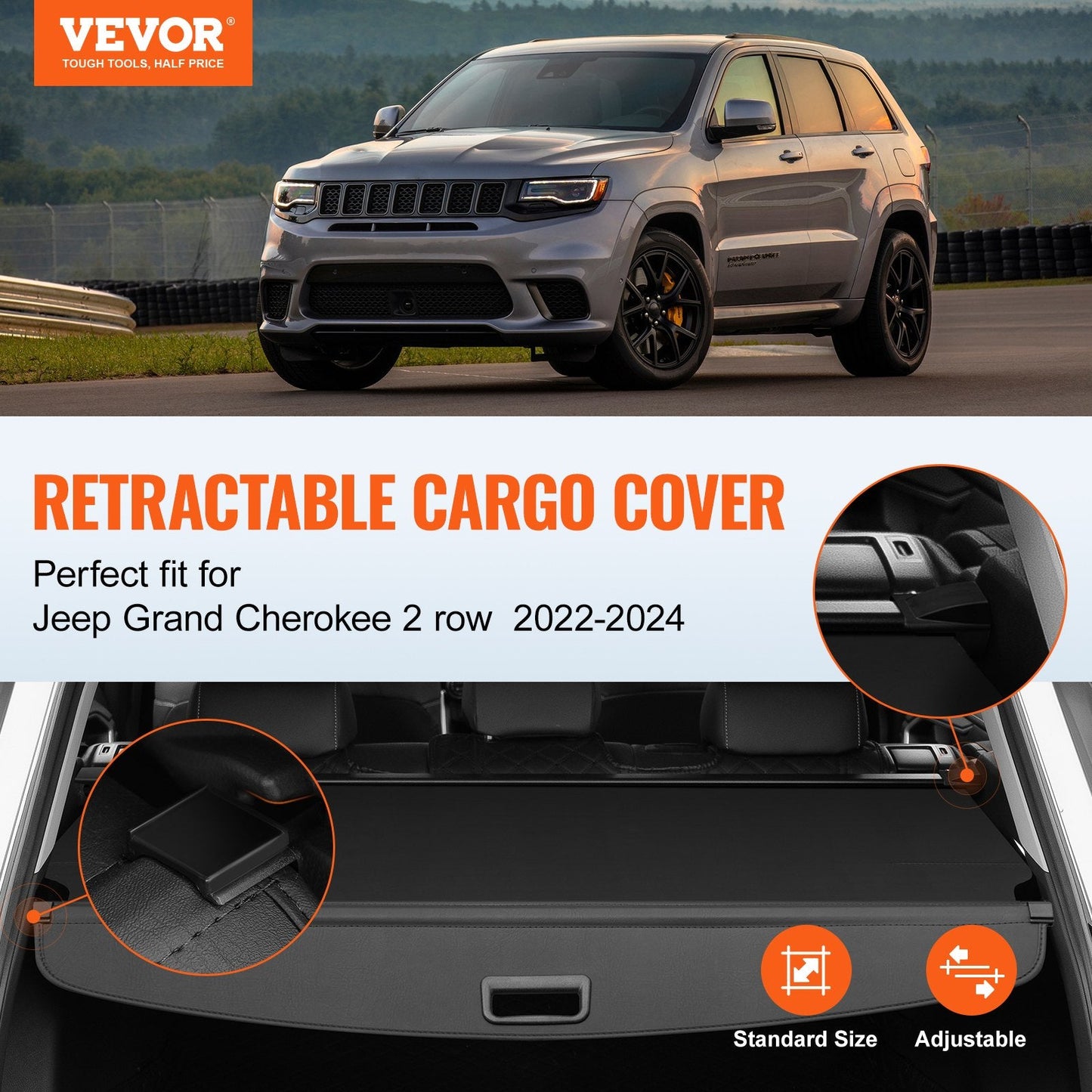 Retractable Cargo Cover for Jeep Grand Cherokee 2 Row (2022-2024), Black