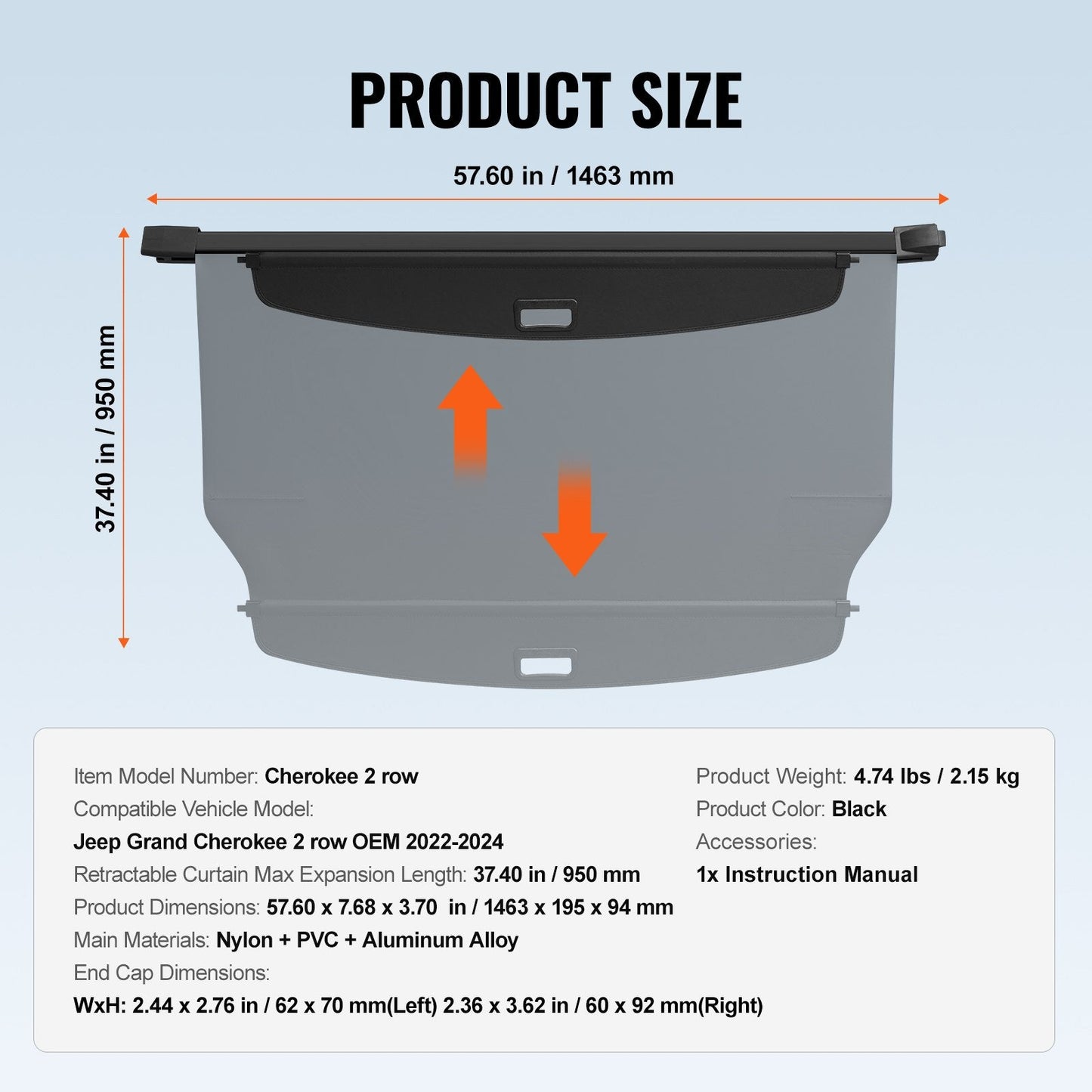 Retractable Cargo Cover for Jeep Grand Cherokee 2 Row (2022-2024), Black