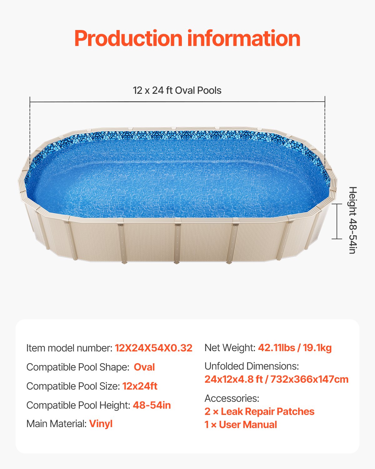 VEVOR Oval Pool Liner 12x24ft Overlap Style Pool Liner 54in Wall Height