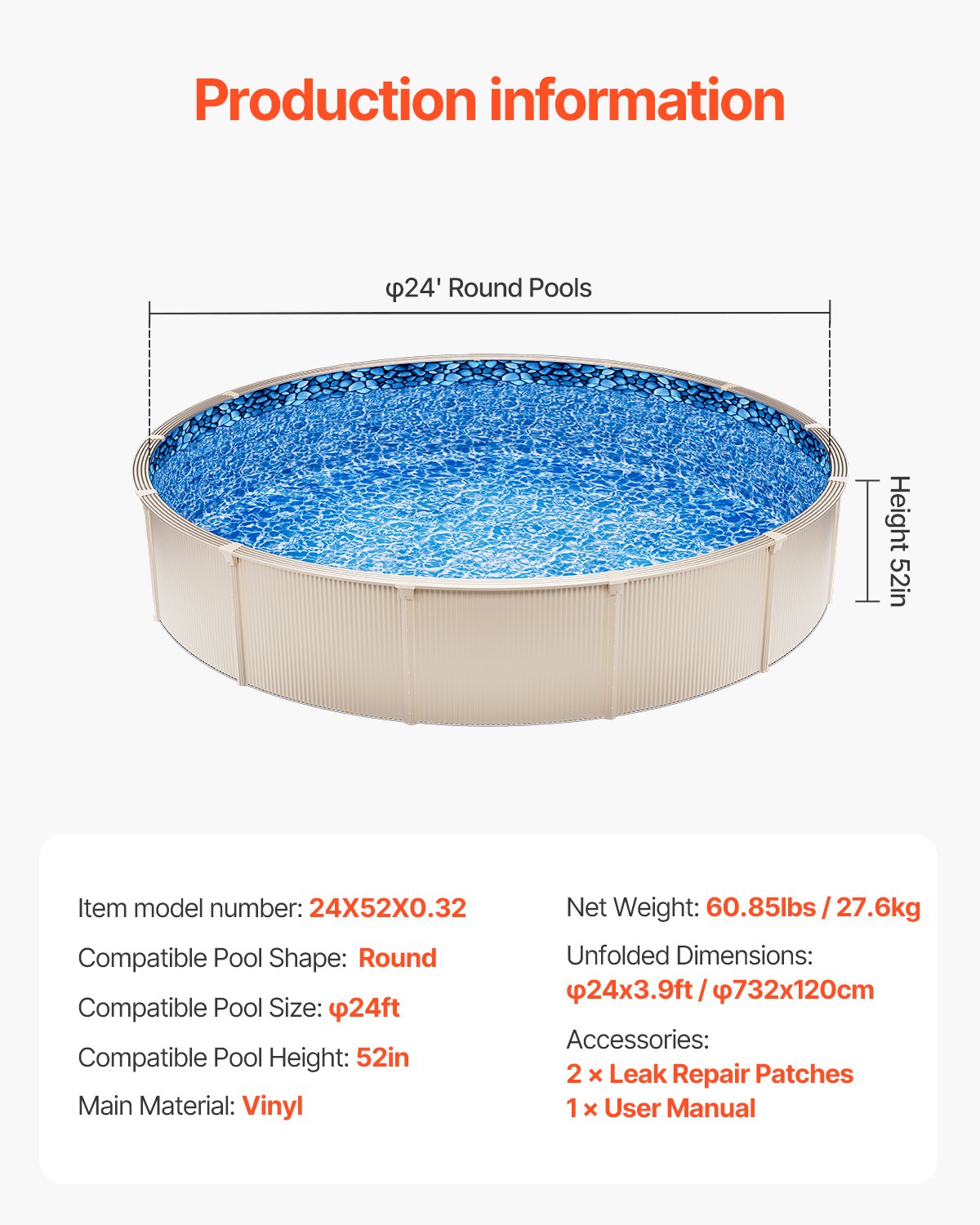 VEVOR Round Pool Liner 24ft Unibead Style Pool Liner 52in Wall Height
