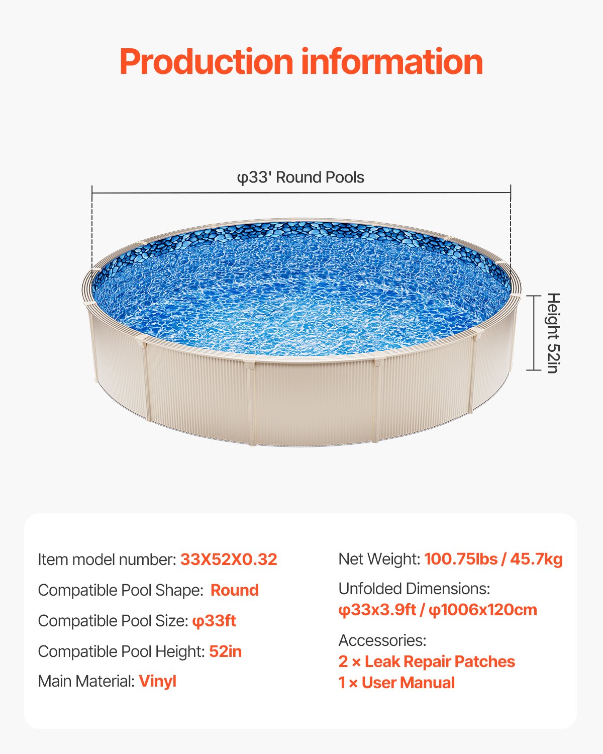 VEVOR Round Pool Liner 33ft Unibead Style Pool Liner 52in Wall Height