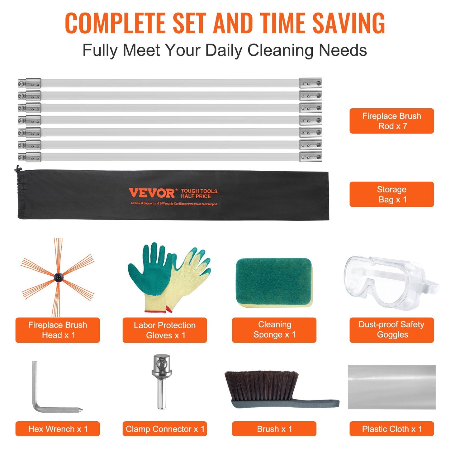 7 m Chimney Cleaning Kit with Flexible Nylon Rods and 360° Brush