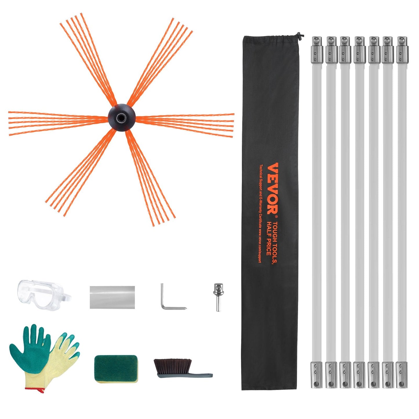 7 m Chimney Cleaning Kit with Flexible Nylon Rods and 360° Brush