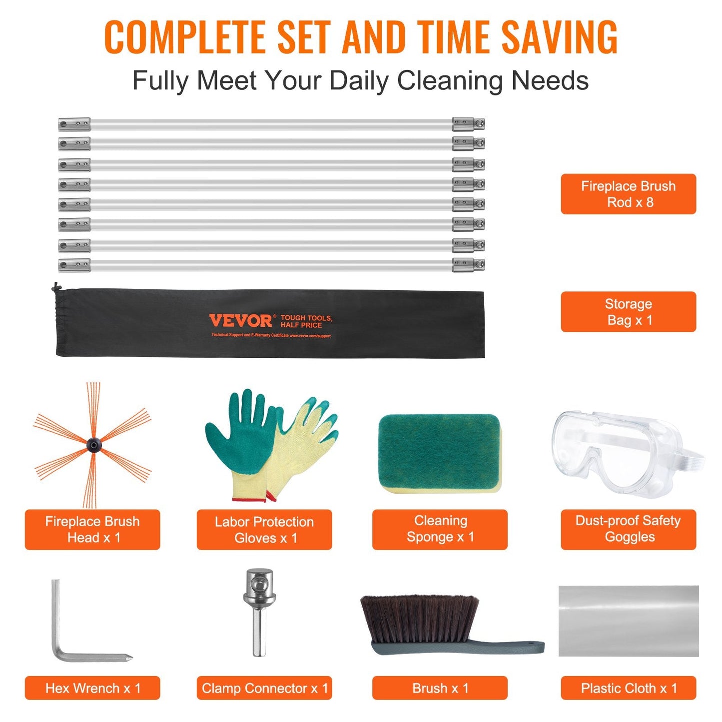 8 m Chimney Sweep Kit with Flexible Nylon Rods and 360° Cleaning Brush