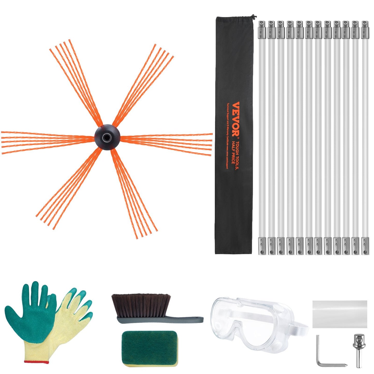 12 m Chimney Sweep Kit with 12 Flexible Rods and 360-Degree Cleaning Brush
