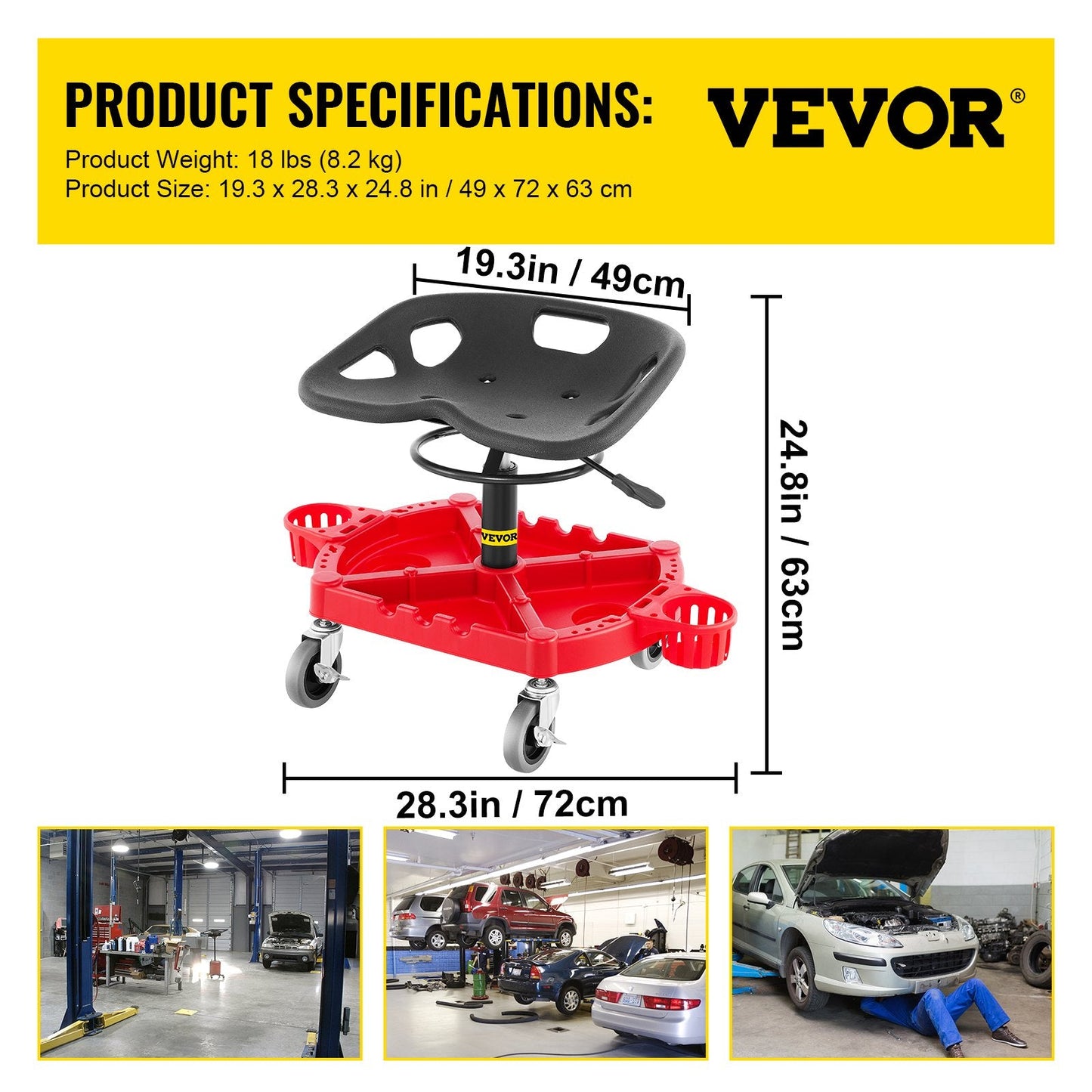 Adjustable Mechanics Garage Stool with 0.1 m Wheels and Bottle Holders