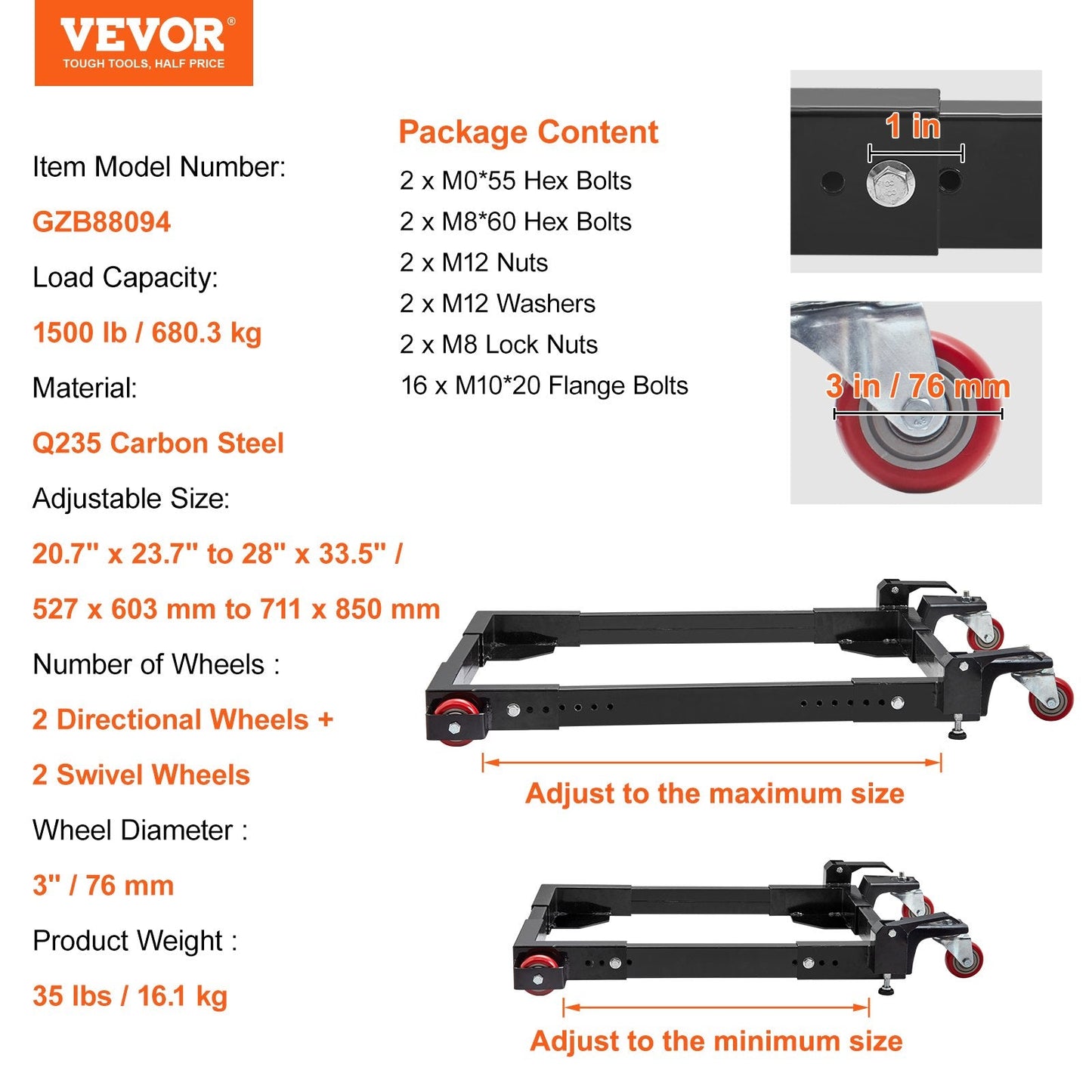 Heavy Duty Adjustable Mobile Base, 680 kg Capacity, 0.5 x 0.6 m to 0.7 x 0.8 m