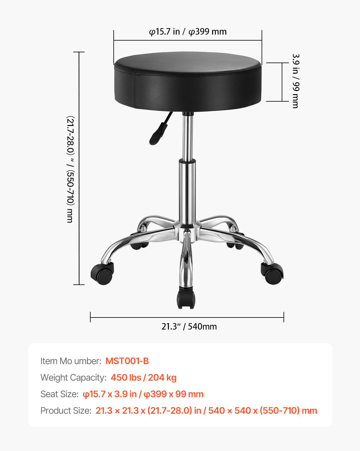 VEVOR Round Rolling Stool Swivel Work Stool with Wheels Height Adjustable Black