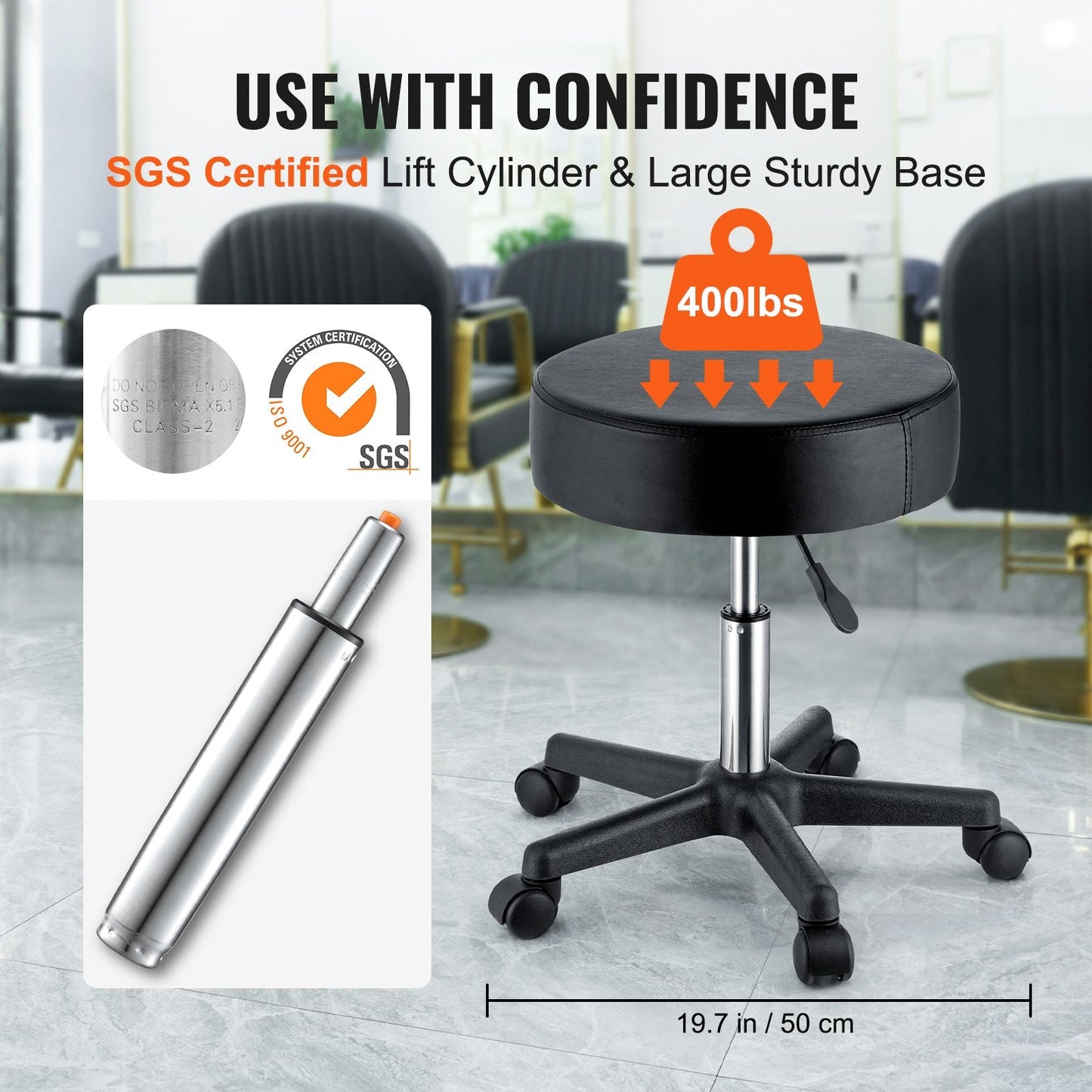 Height Adjustable Swivel Stool with Wheels, Black PU Leather, 181 kg Capacity