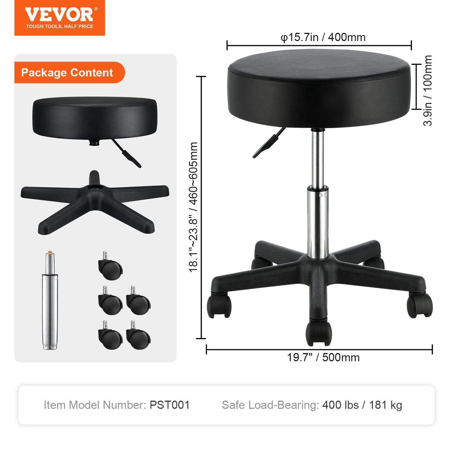 Height Adjustable Swivel Stool with Wheels, Black PU Leather, 181 kg Capacity