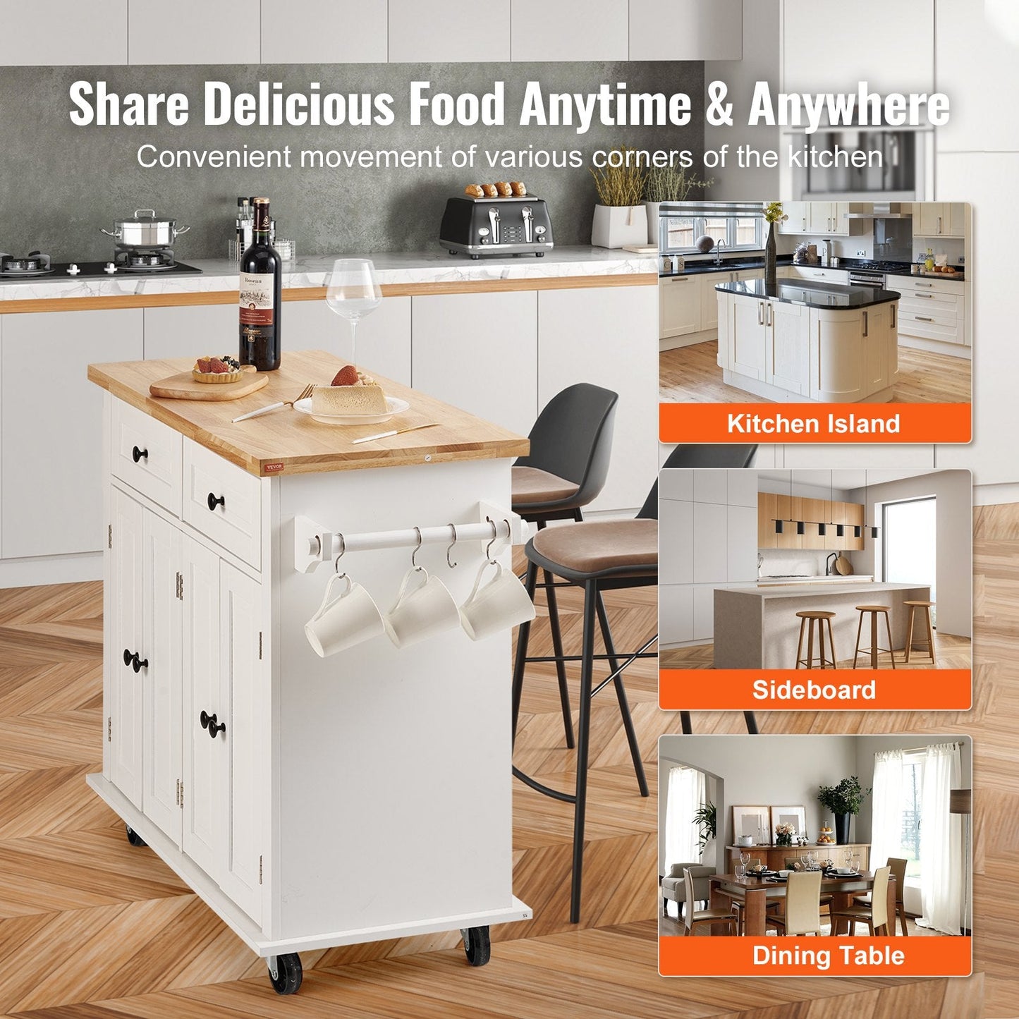 White Kitchen Island Cart with Wood Top, Storage Cabinet, and Silent Wheels