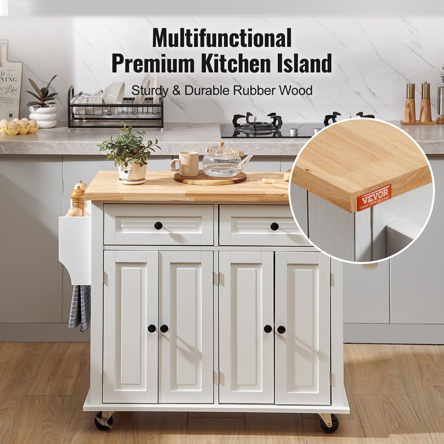 White Kitchen Island Cart with Wood Top, Storage Cabinet, and Silent Wheels