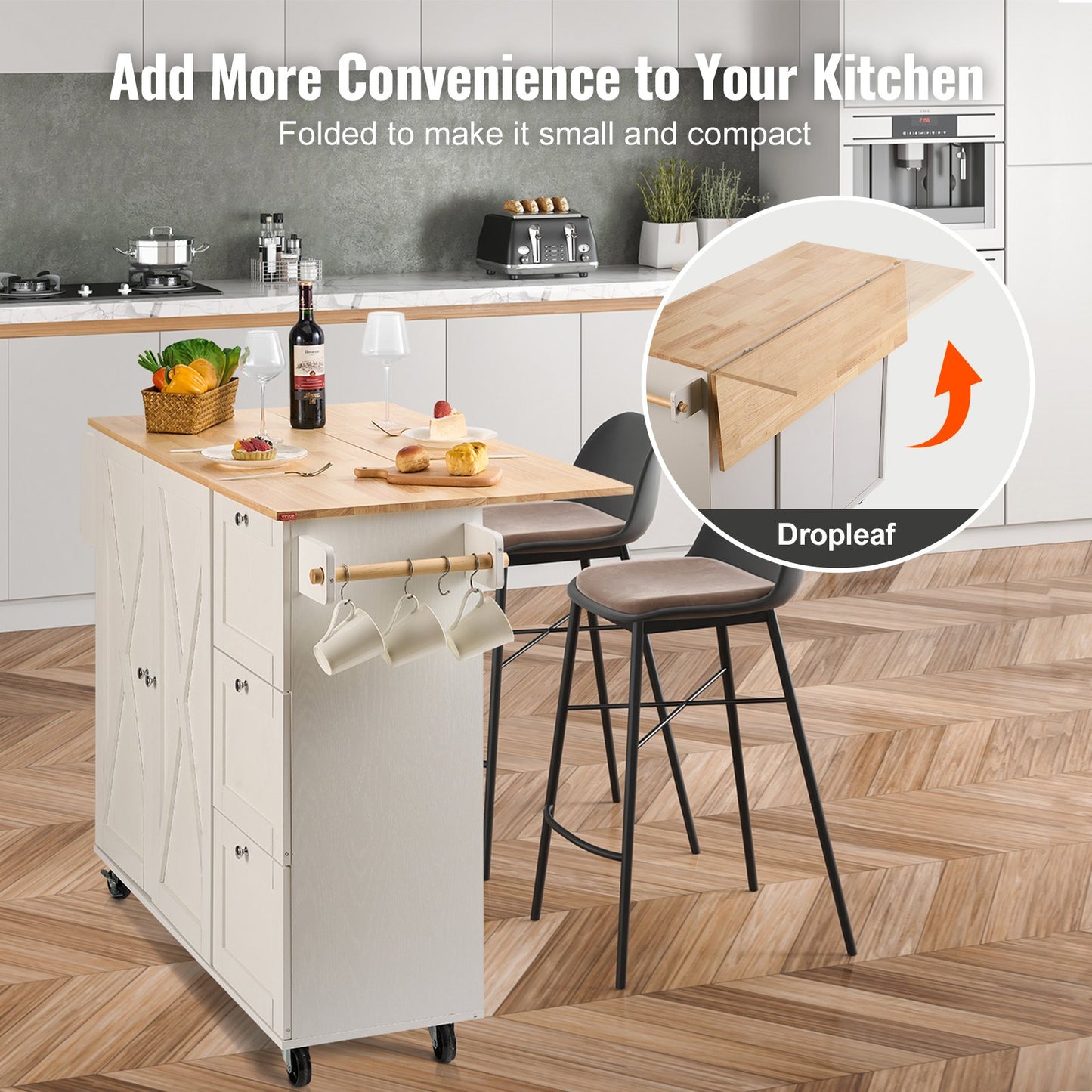 VEVOR Kitchen Island Cart with Solid Wood Top, 1150mm Width Mobile Carts with Storage