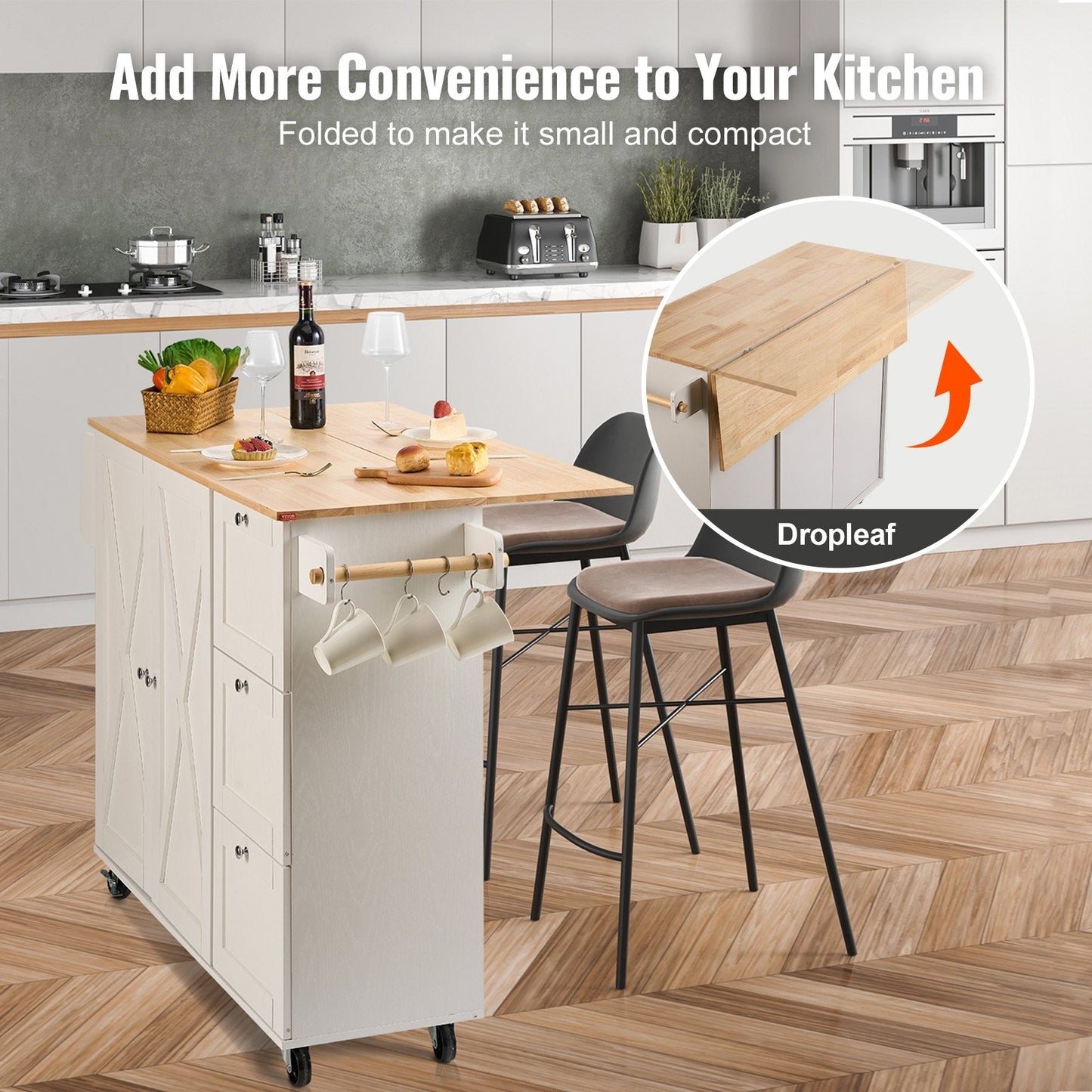White Kitchen Island Cart with Wood Top, Storage & Wheels - 1.15m Width